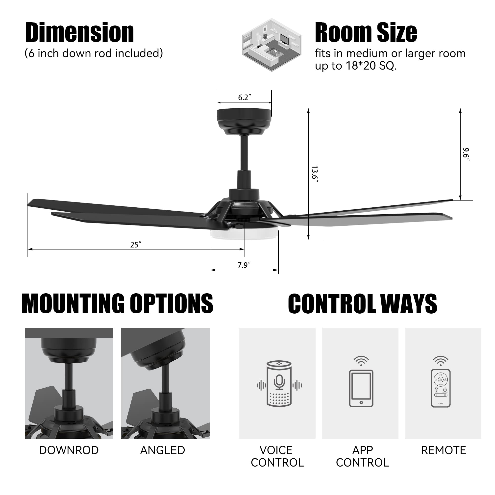 SMAAIR 52 Inch Smart Ceiling Fan with Light - 5 Blade Low Profile Flush Mount Fan, 10 Speed DC Motor & Dimmable LED - APP/Alexa/Google Assistant/Siri Shortcuts Compatible - Perfect for Bedroom, Living Room, Office (Black)