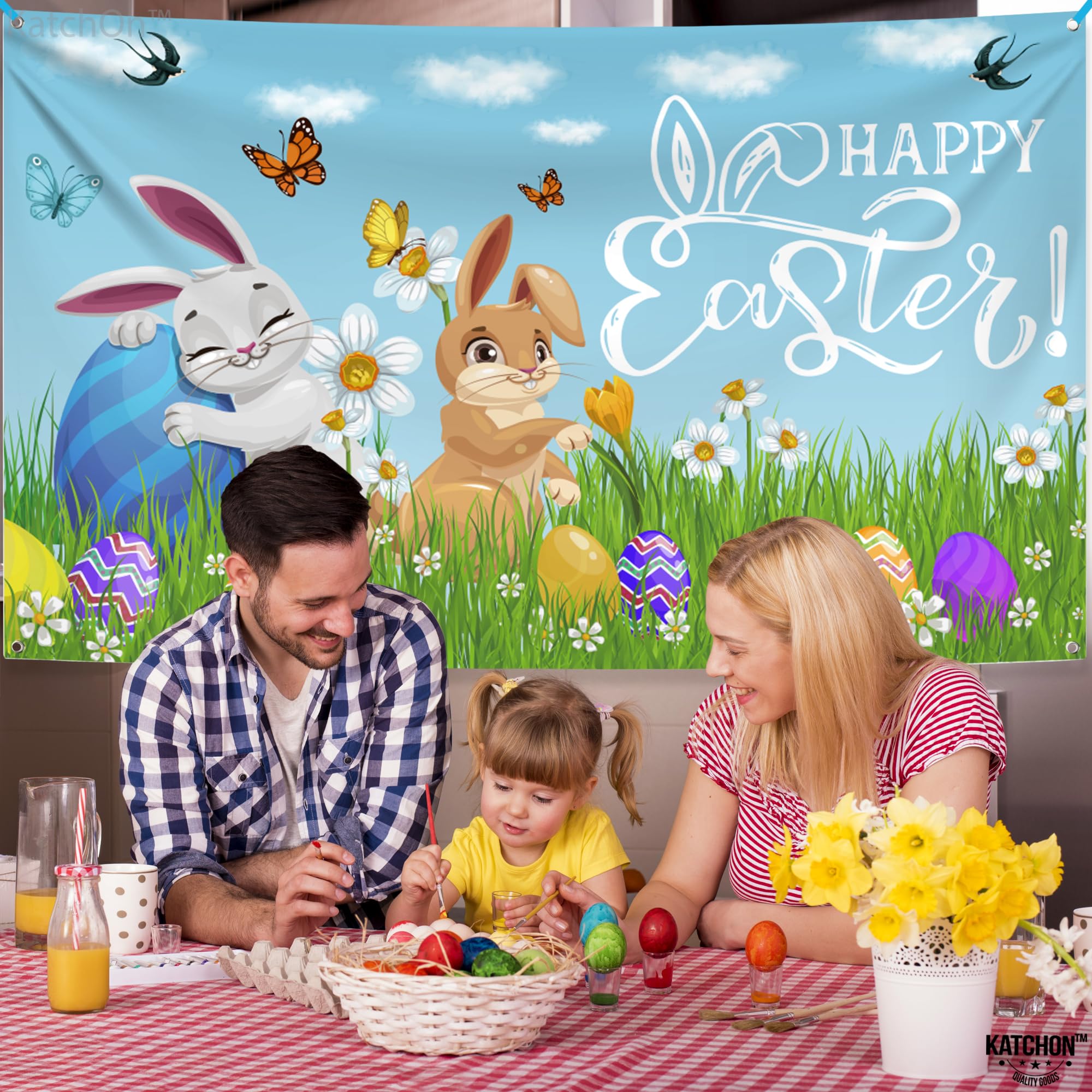 KatchOn Extra Large 72x44 Inch Happy Easter Banner Decorations - Outdoor Easter Party Backdrop, Photography Background & Wall Decor for Easter Celebrations, Church Events & Spring Festivals