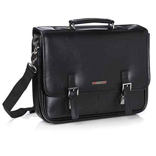 Premium Alpine Swiss Leather Briefcase for Men - Stylish Double Buckle Flap Over Business Bag in Black - Perfect for Office, Meetings & Professional Work
