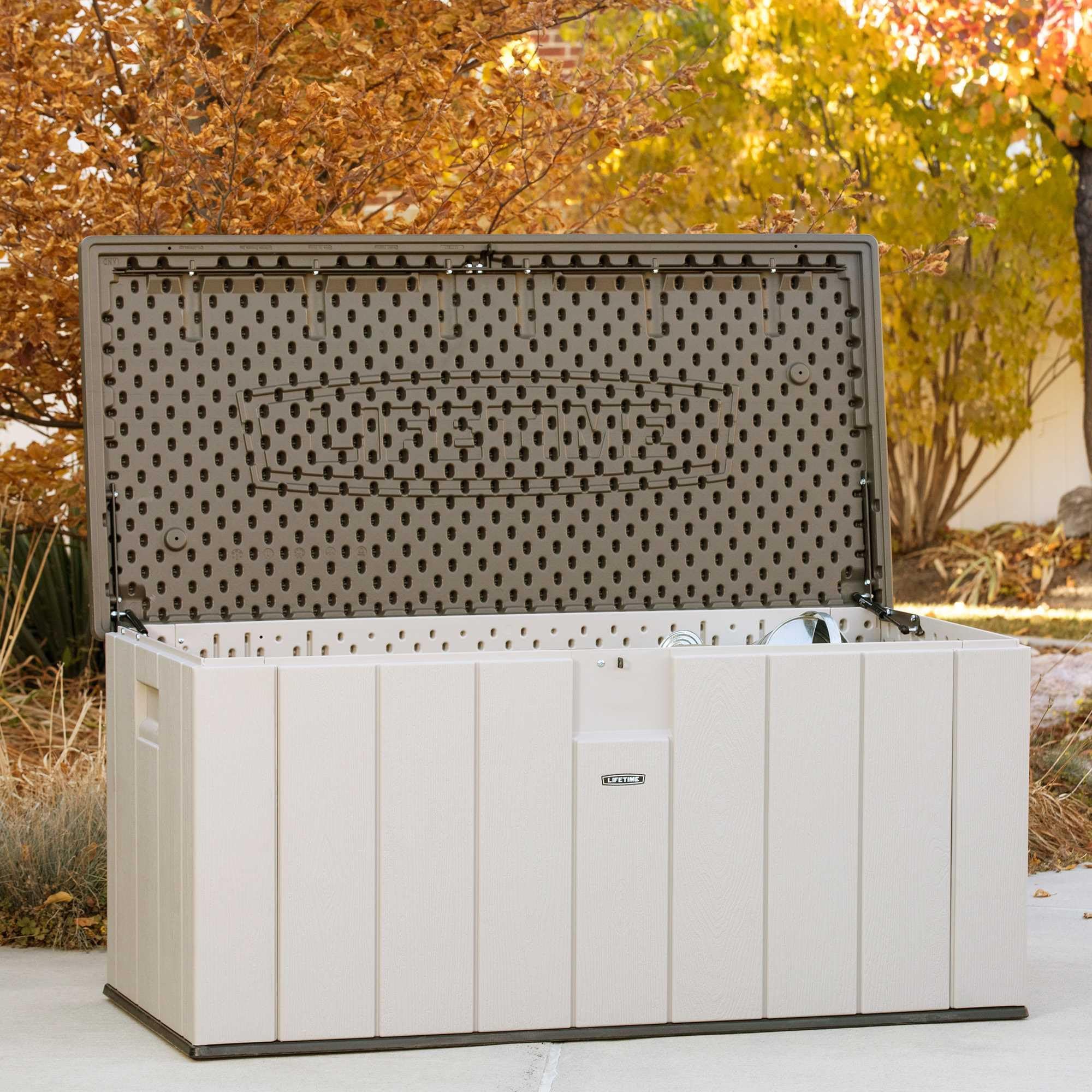 LIFETIME 60254 150-Gallon Heavy-Duty Outdoor Storage Deck Box - Weather-Resistant Plastic Deck Box for Patio Furniture Cushions, Pool Toys & Garden Tools - Desert Sand/Brown Color