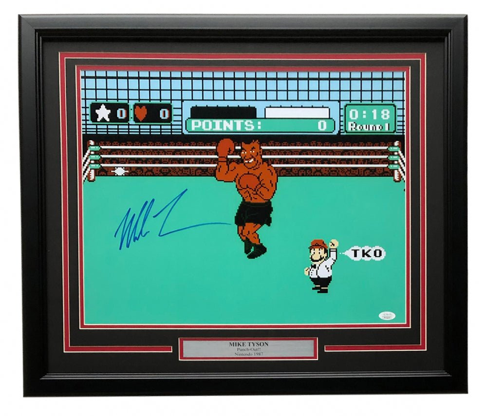 Mike Tyson Autographed Blue Framed 16x20 Punch Out Boxing Photo with JSA COA - Perfect for Boxing Memorabilia Collectors & Man Cave Decor