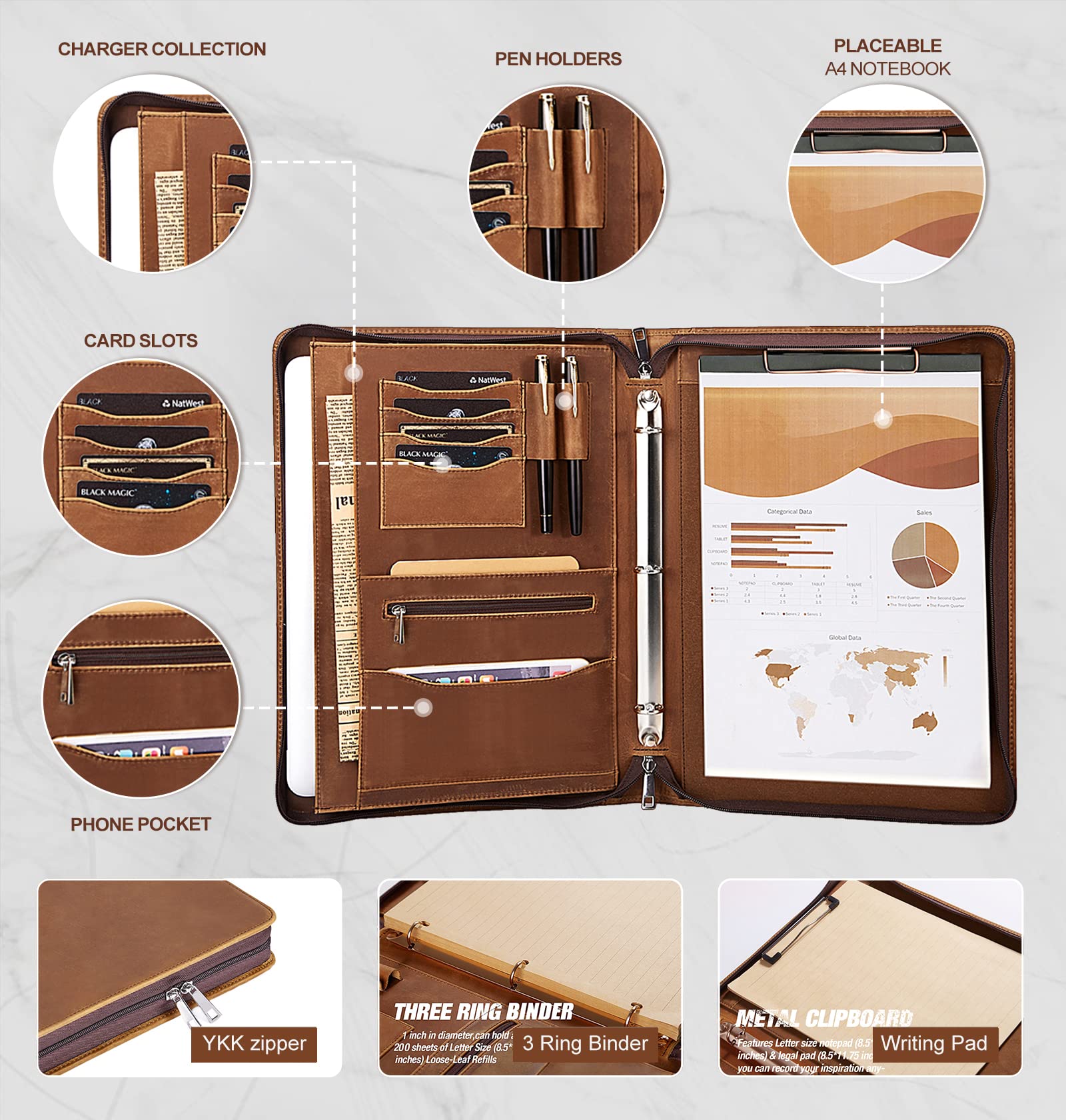 Personalized Leather Portfolio 3-Ring Binder with Zipper - Fits 13.3
