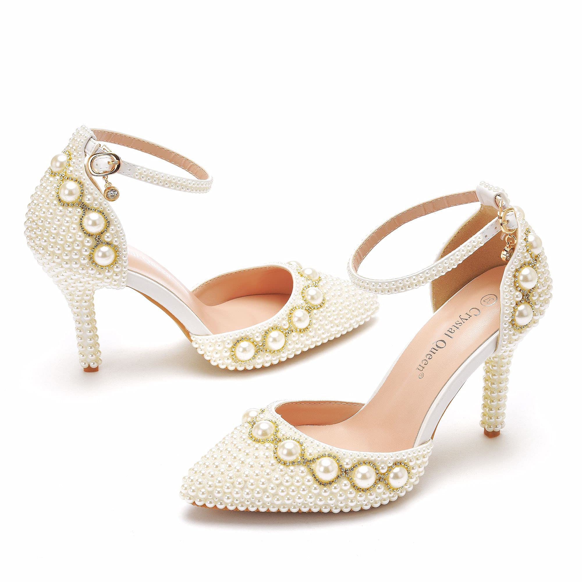 Elegant Women's High Heel Sandals - Pointed Toe Stiletto Pumps with Pearl & Chain Details for Wedding, Evening Party & Special Occasions | Perfect for Brides, Prom & Formal Events