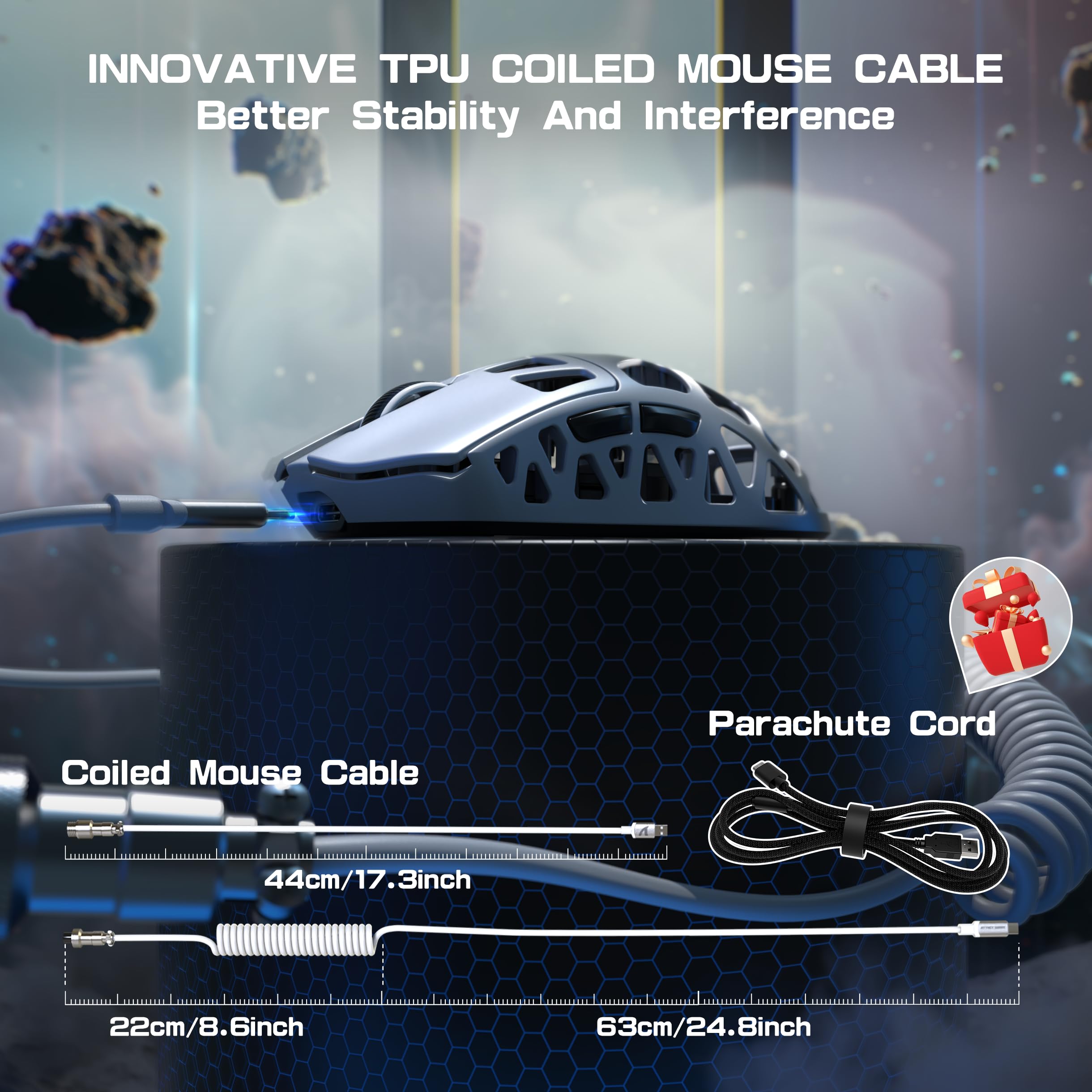 ATTACK SHARK R3PRO 46g Ultra-Light Magnesium Alloy Wireless Gaming Mouse - 8000Hz Polling Rate, 26000DPI, PixArt PAW3395 Sensor, 2.4G/BT/Wired Connectivity, Programmable Buttons with Coiled Cable for PC & Mac (White) - Perfect for FPS, MOBA & Esports Gaming