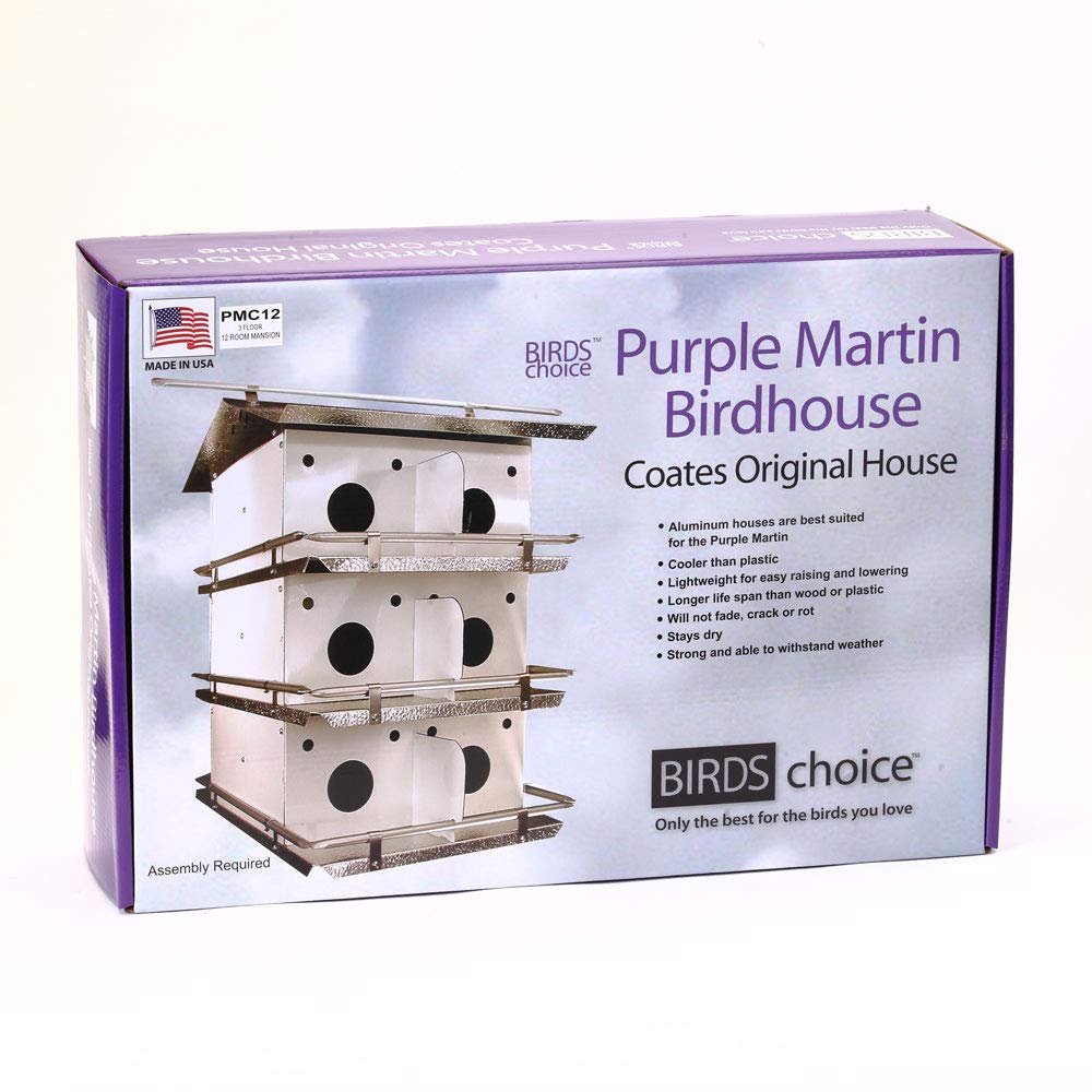 Purple Martin Bird House by Birds Choice - Coates Original 3-Story Design with 12 Rooms, Easy Assembly, Medium Size, White/Grey - Perfect for Backyard Bird Watching & Nature Lovers