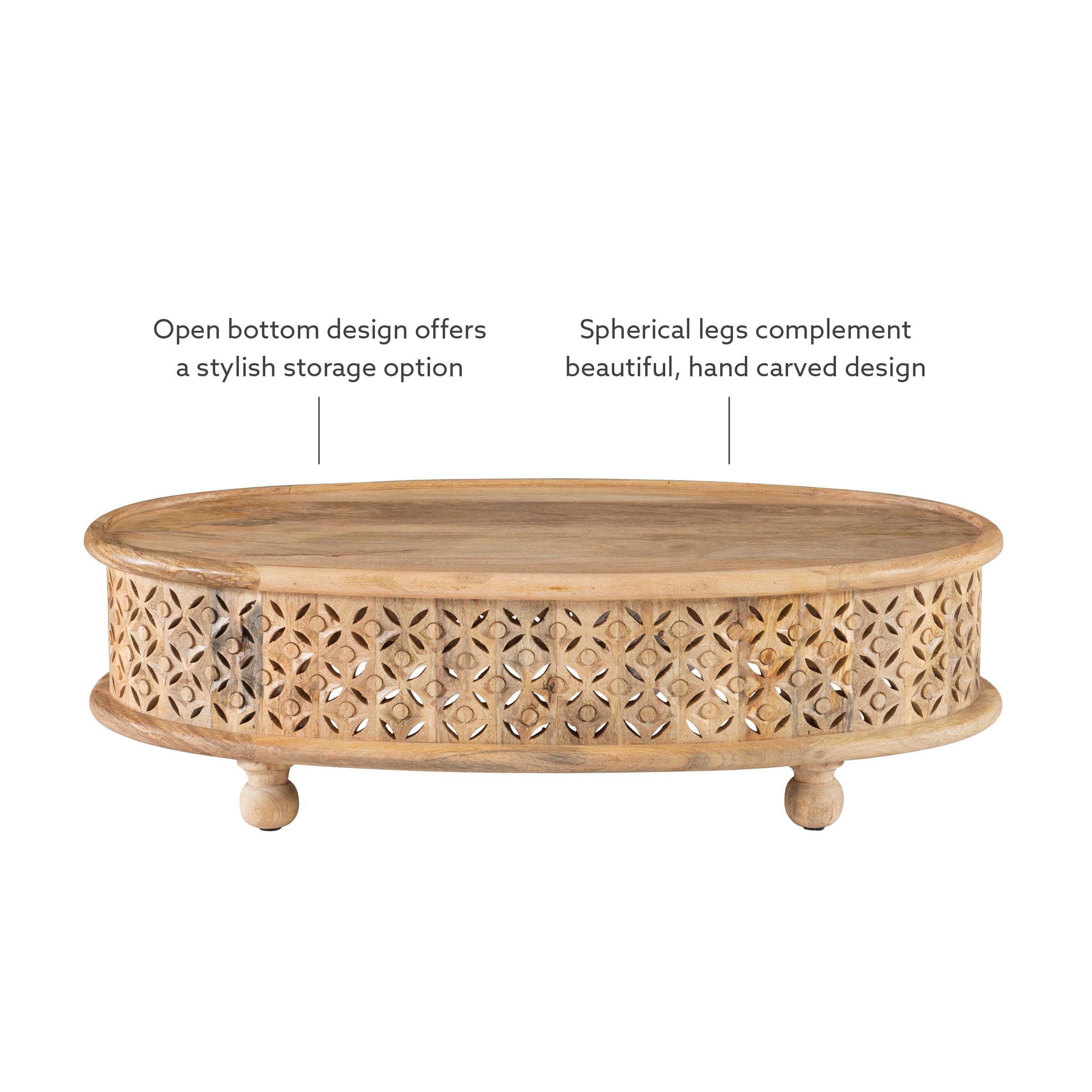 Powell Sympico Natural Stained Mango Wood Oval Coffee Table with Hand-Carved Details - Rustic Living Room Centerpiece for Home Decor (PAMZN2052)