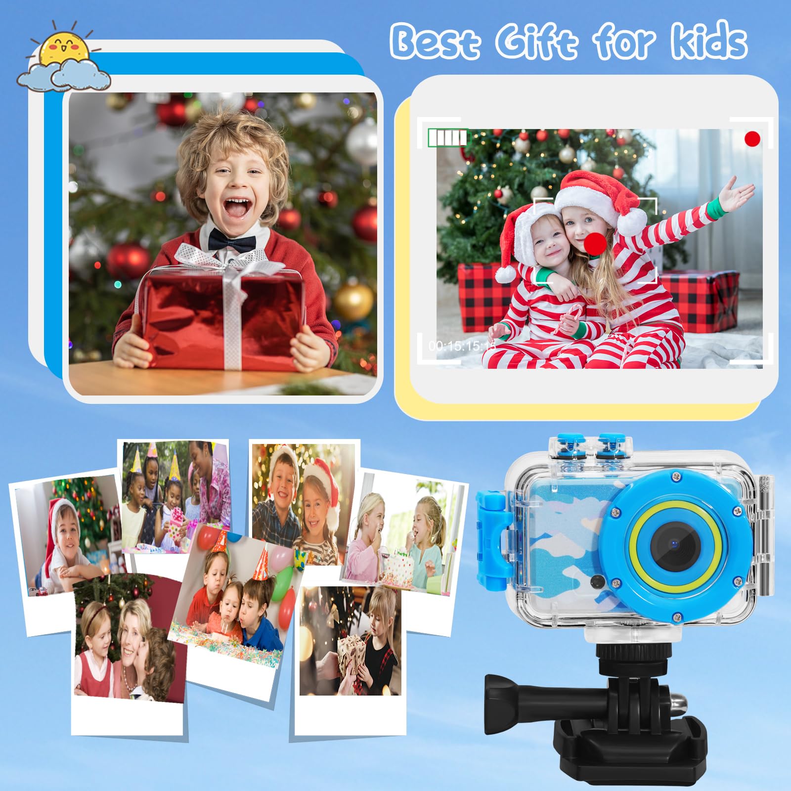 Waterproof Kids Camera for 3-8 Year Old Boys & Girls - Underwater Toddler Digital Camera with 32GB SD Card - Perfect Birthday Gift & Travel Toy for Ages 4-10 (Blue)