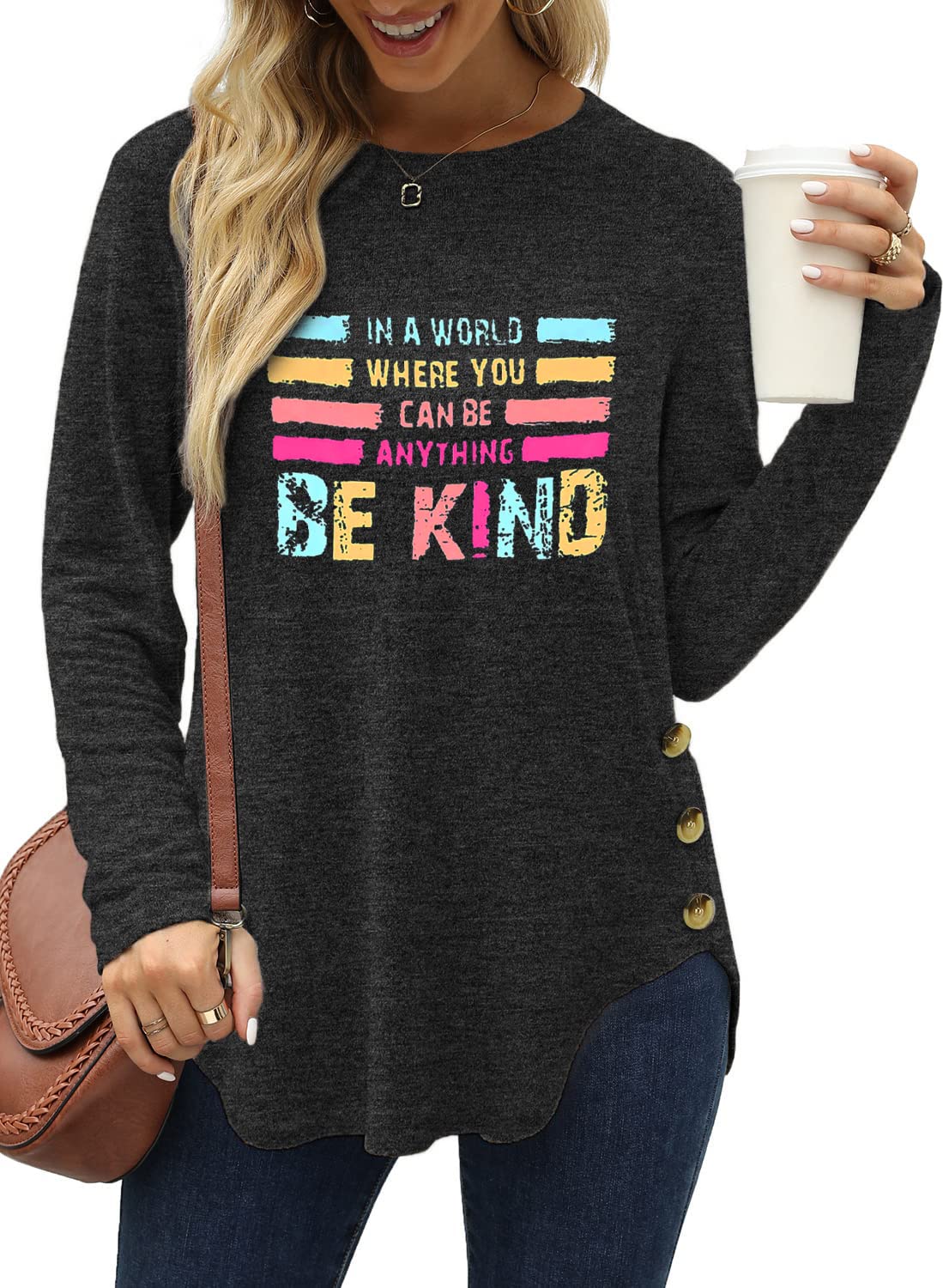 Women's Long Sleeve Graphic Tee - Be Kind Thankful Fall Tops for Thanksgiving | Casual Comfort Shirt for Autumn, Holidays & Everyday Wear