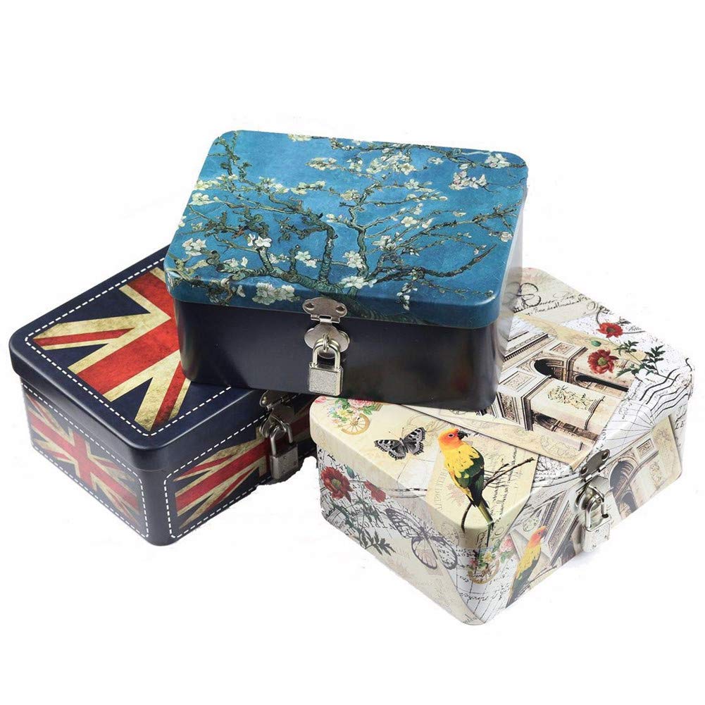 Vintage Tin Storage Box with Padlock - Kitchen, Office & Gift Organizer for Candy, Tea, Jewelry