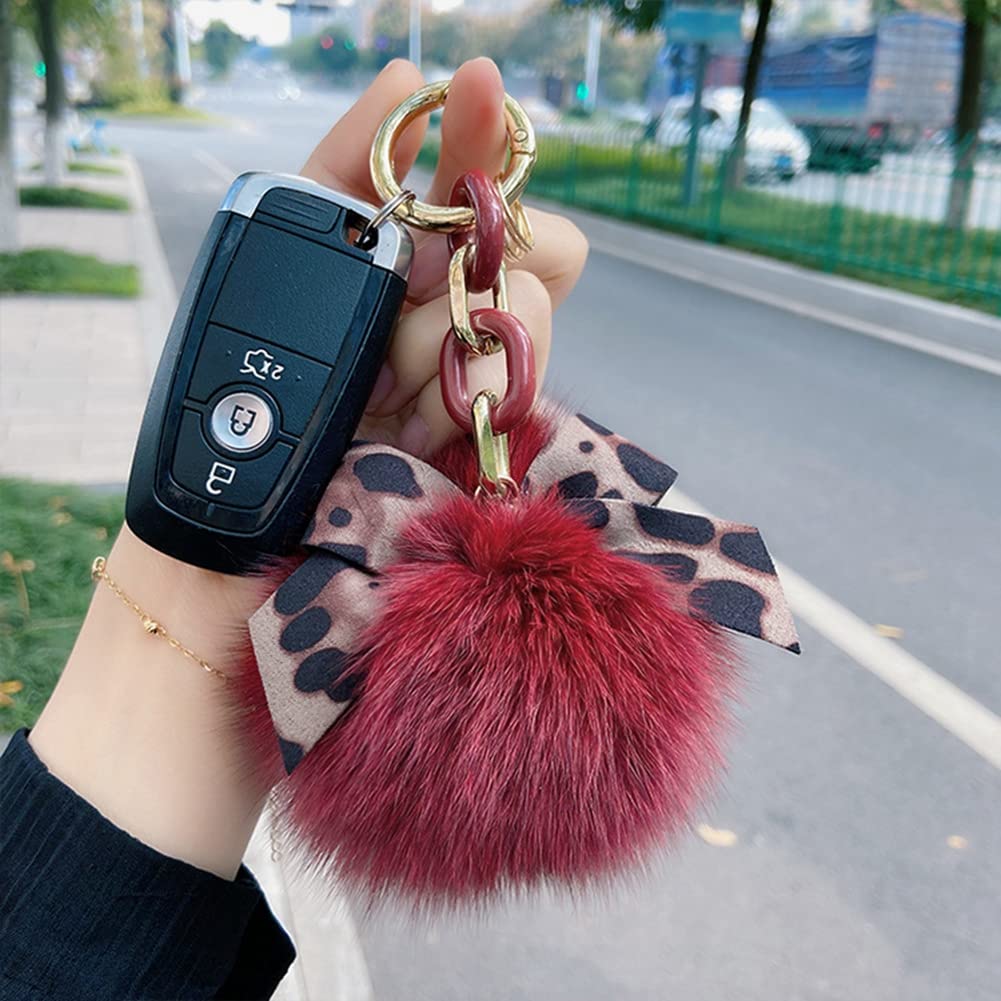 SEADEAR Leopard Print Bow Tie Keychain - Soft Plush Pompom Car Keychain, Elegant Key Ring Pendant for Handbags, Gifts (Wine Red) - Perfect for Car Keys, Handbags, and Unique Gift Giving