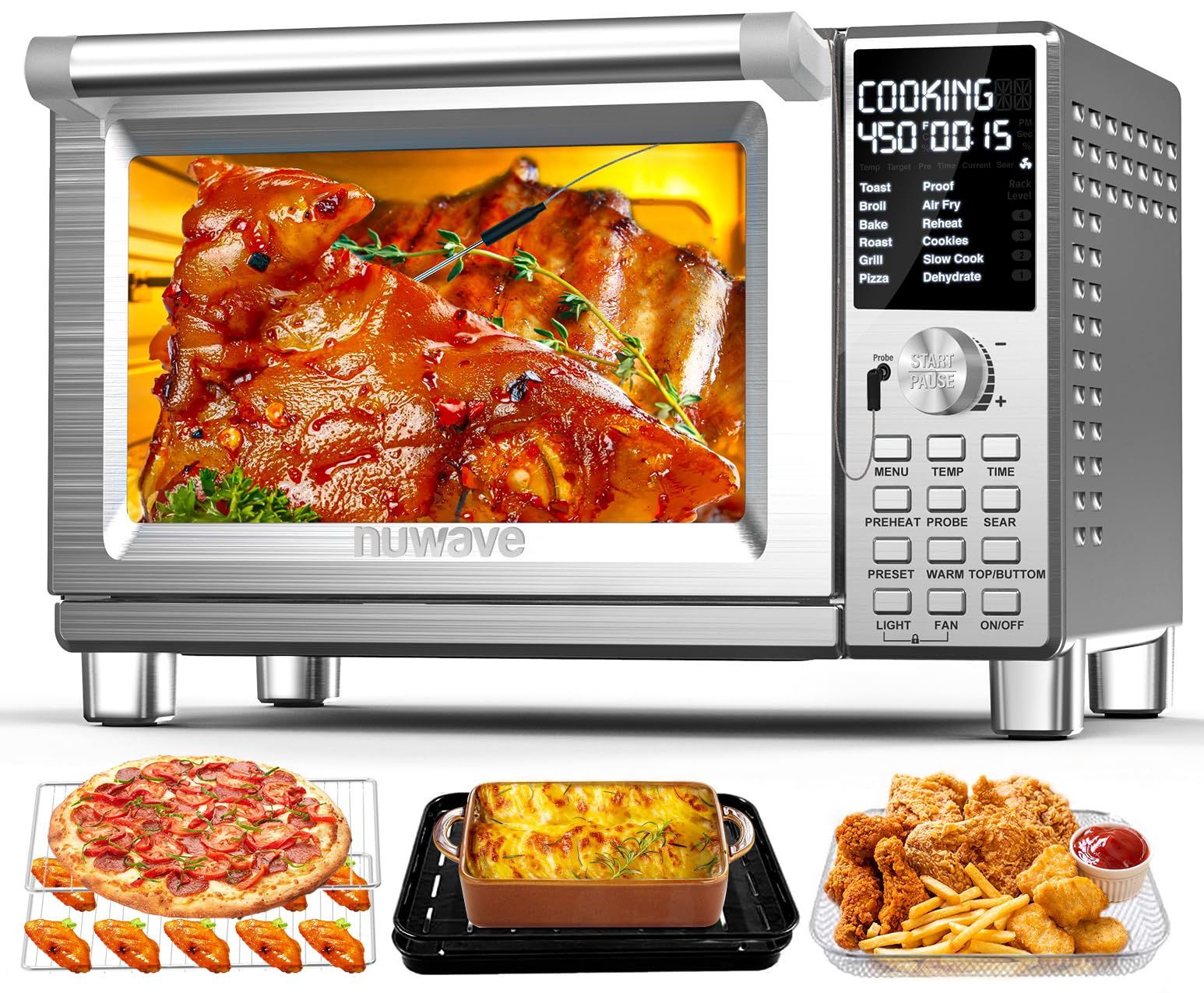 Nuwave Bravo Pro Smart Toaster Oven Countertop - 30QT Stainless Steel Air Fryer Combo with 100% Convection, 112 Presets & Pizza Zones | 35% Crispier, PFAS Free | Perfect for Baking, Roasting & Air Frying in Small Kitchens