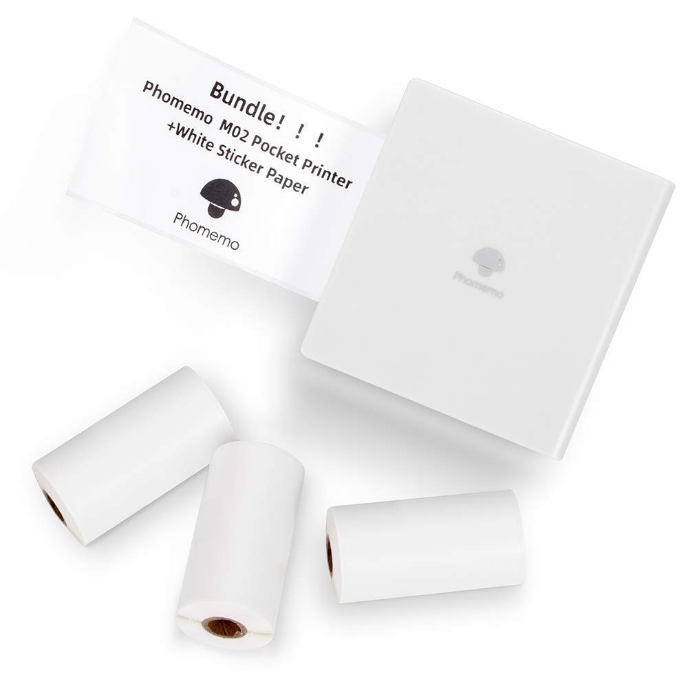 Phomemo M02 Mini Bluetooth Thermal Pocket Printer - Portable Sticker Printer with 3 Rolls White Paper, Wireless Compatible with iPhone & Android for Study Notes, Journaling, Office Work & DIY Crafts | Perfect for Students, Teachers & Creative Projects