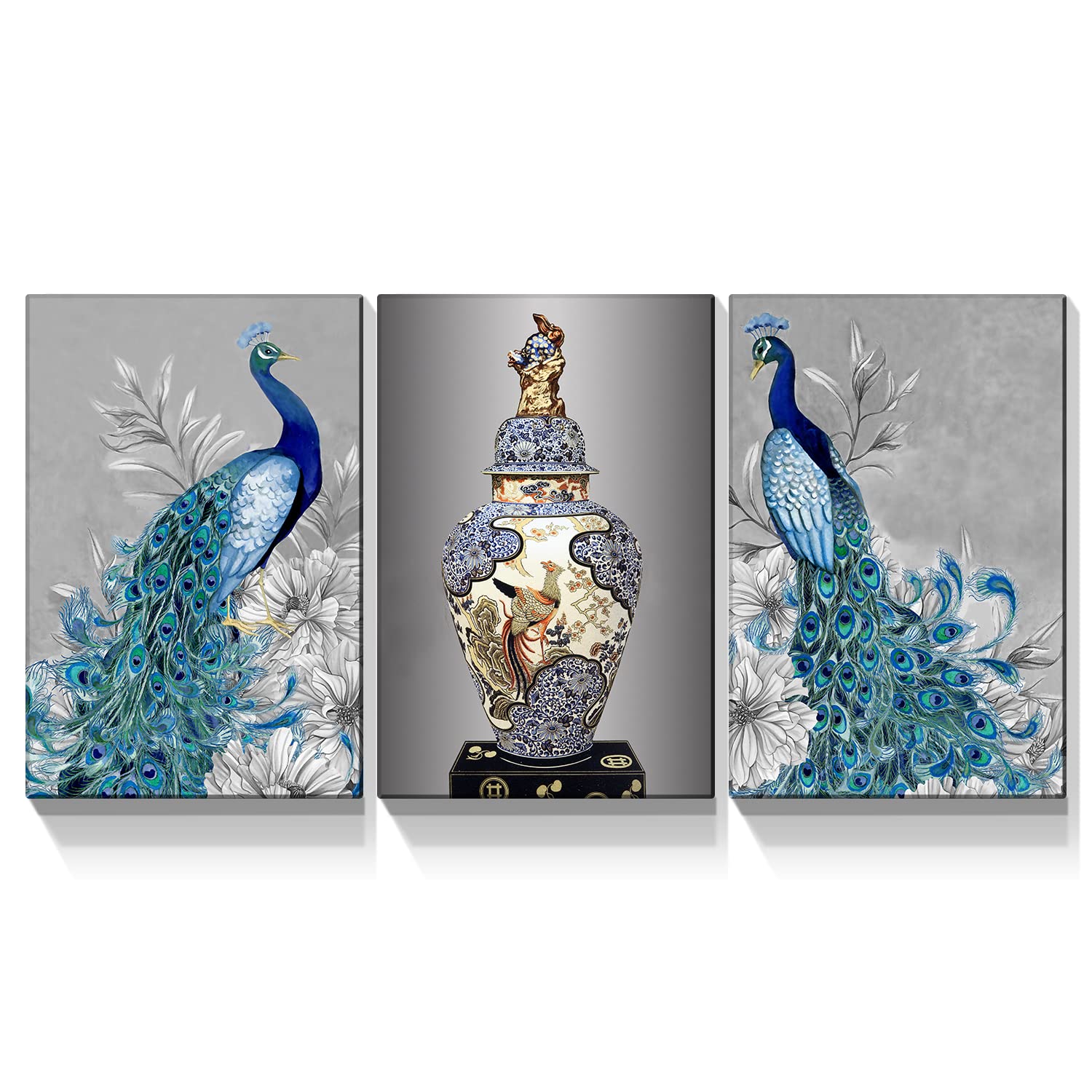 Looife Vintage Blue Peacock Canvas Wall Art - 16x24 Inch 3 Panel Giclee Print with Flower Vase Painting, Gallery Wrapped Animal Feather Background - Elegant Home Decor for Living Room, Bedroom & Office