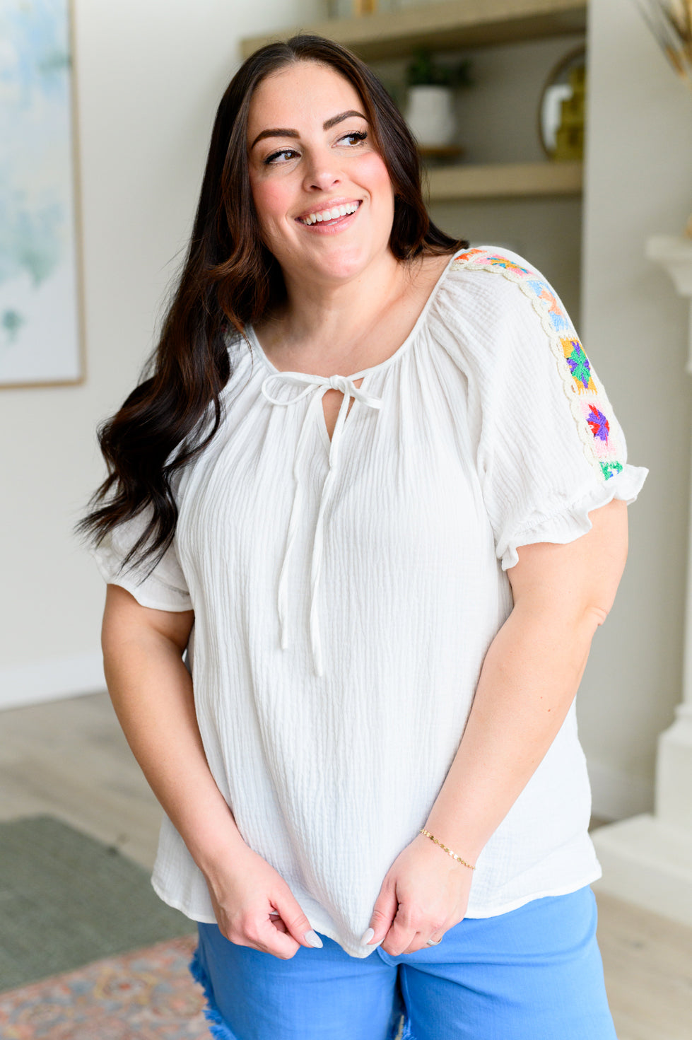 Don't You Forget About Me Crinkle Knit Blouse - Women's Vintage Inspired Ruffled Top for Casual Wear & Date Nights