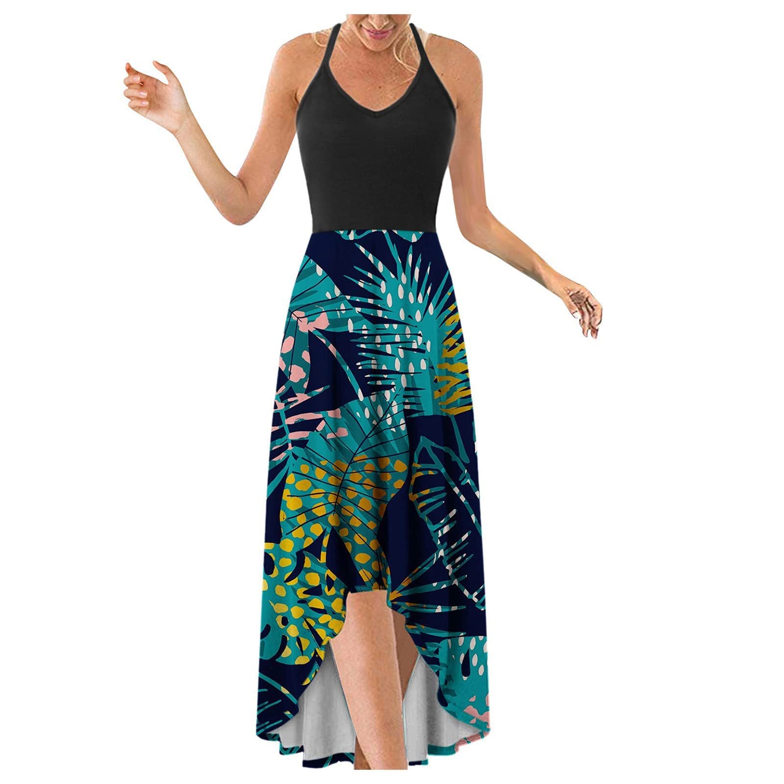 KUIOLYPOER Women's Summer Maxi Dress 2024 - Casual Elegant V-Neck Sleeveless High-Low Dress for Beach, Vacation, and Evening Out