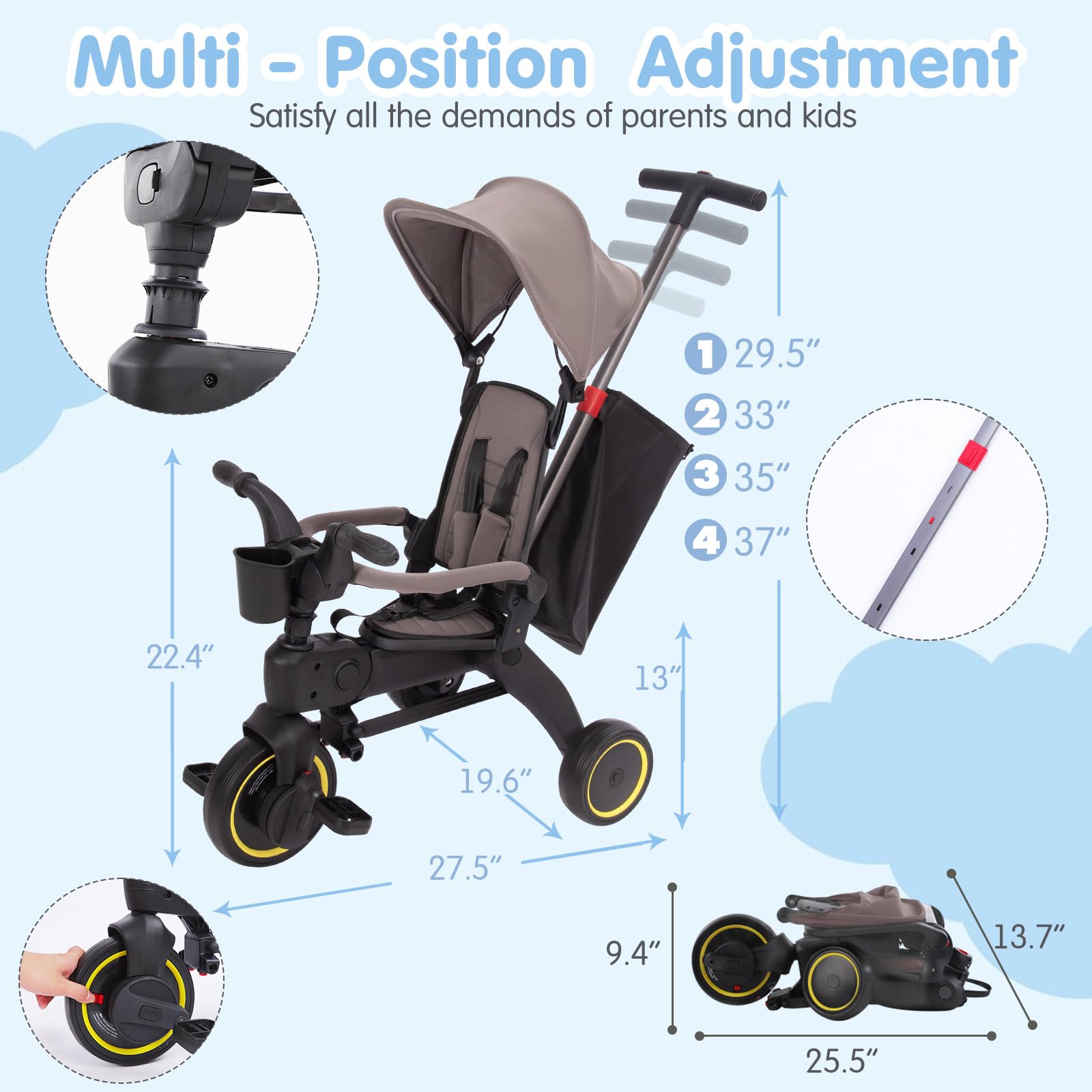 5-in-1 Foldable Baby Tricycle with Removable Push Handle & Safety Harness - Adjustable Rotating Seat, Canopy & Storage Bag - Compact Toddler Bike for 1-3 Year Olds (Gray) - Perfect for Park Rides, Outdoor Play & Learning to Pedal