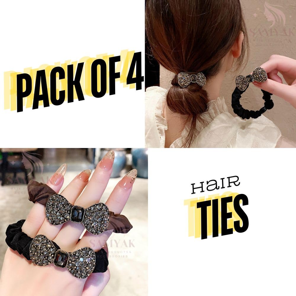Luxury Square Rhinestone Bow Hair Scrunchies - 4 Pack Elegant Hair Ties for Women & Girls, Ponytail Holders with Non-Slip Rubber Bands - Perfect for Parties, Weddings, and Everyday Styling