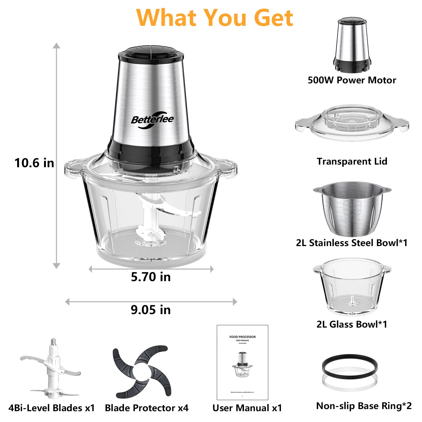 Betterlee Electric Food Processor & Meat Grinder - 2-Speed Chopper with 2x8-Cup Bowls & Bi-Level Blade - Perfect for Meats, Garlic, Onions & Baby Food - Ideal for Meal Prep, Homemade Sausages & Healthy Cooking
