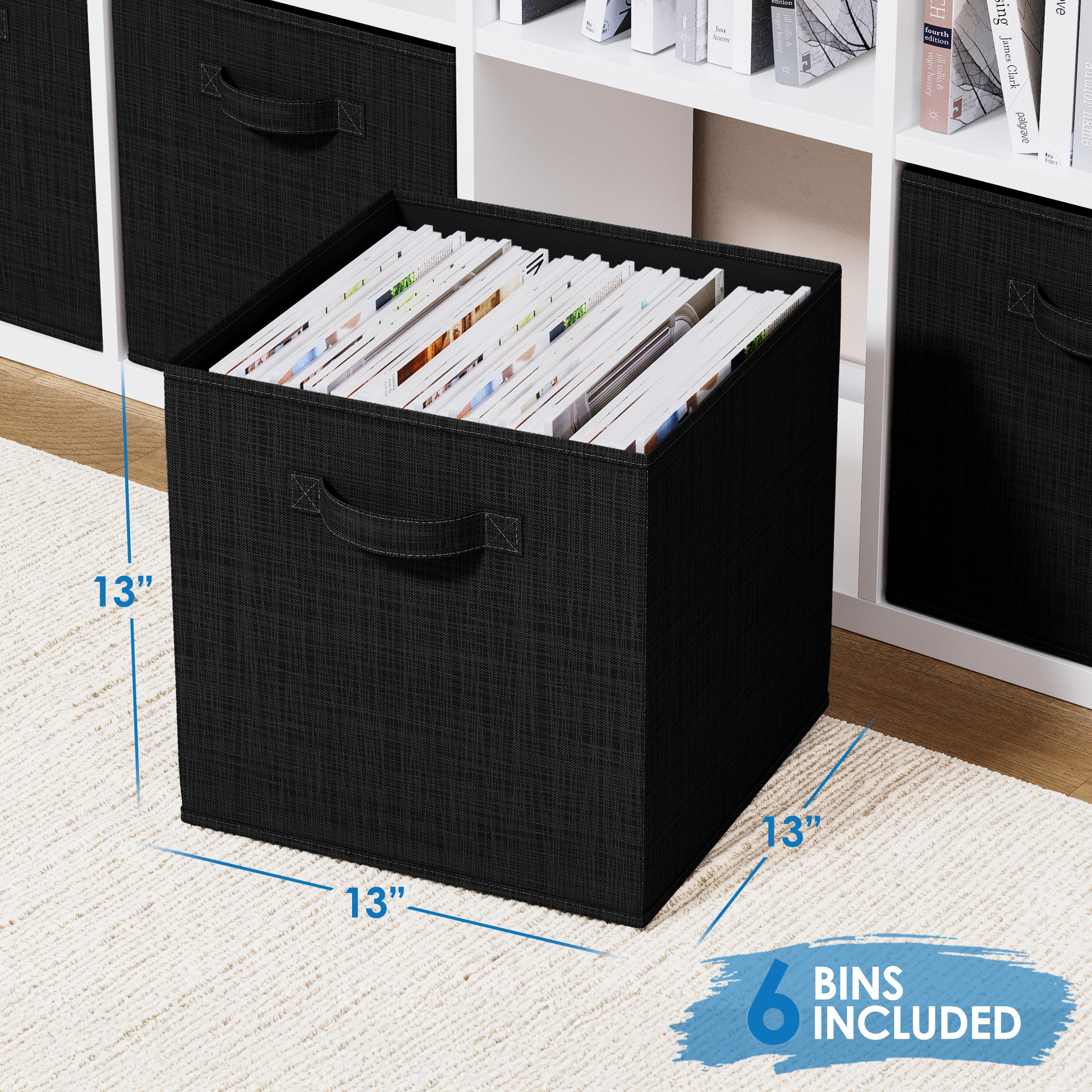 Heavy Duty Fabric Storage Cubes 6-Pack - 13 Inch Textured Black Storage Bins for Cube Organizer | Closet Clothes Storage Box, Shelves & Cubbies Organizer | Perfect for Bedroom, Closet & Office Organization