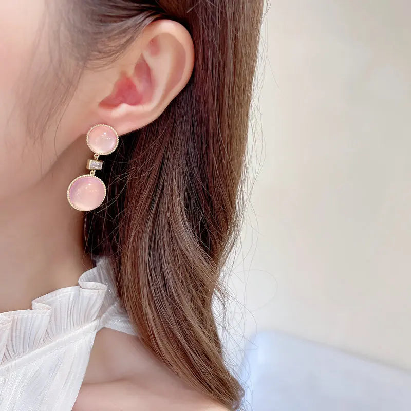 Stylish Geometric Opal Stud Earrings for Women - Minimalist French Design Round Earrings - Perfect for Everyday Wear, Office & Date Nights