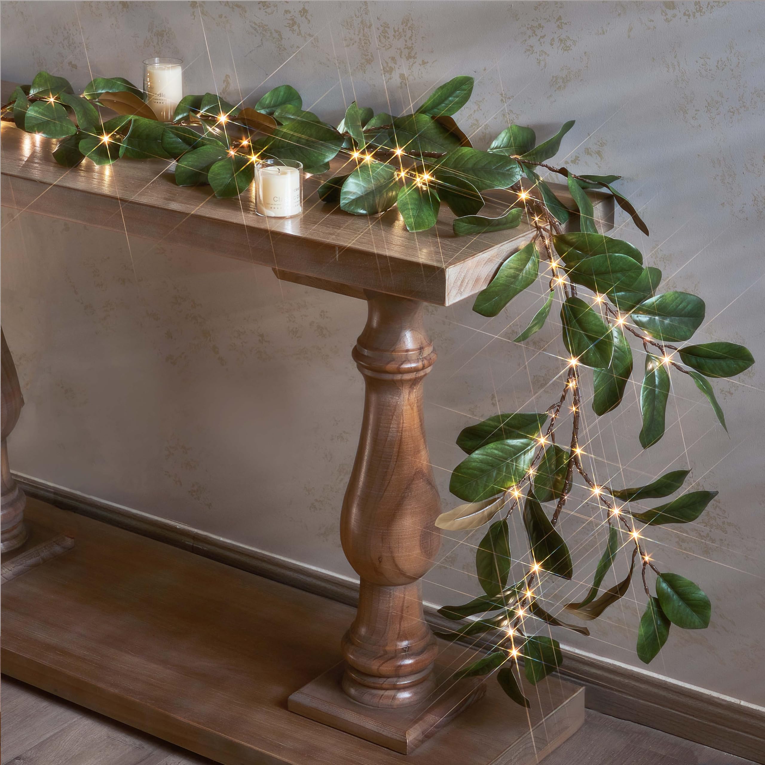 80 LED Lighted Magnolia Garland with Timer - 6FT Artificial Flower Vine with Fairy Lights, Battery or USB Powered for Fireplace Mantle, Christmas, Spring, Wedding & Home Decor