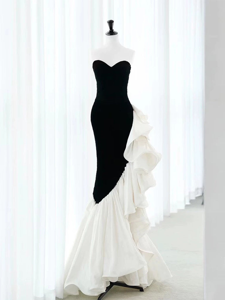 Elegant Black & White Mermaid Velvet Prom Dress for Women - Long Formal Evening Gown for Homecoming, Ball, and Special Occasions