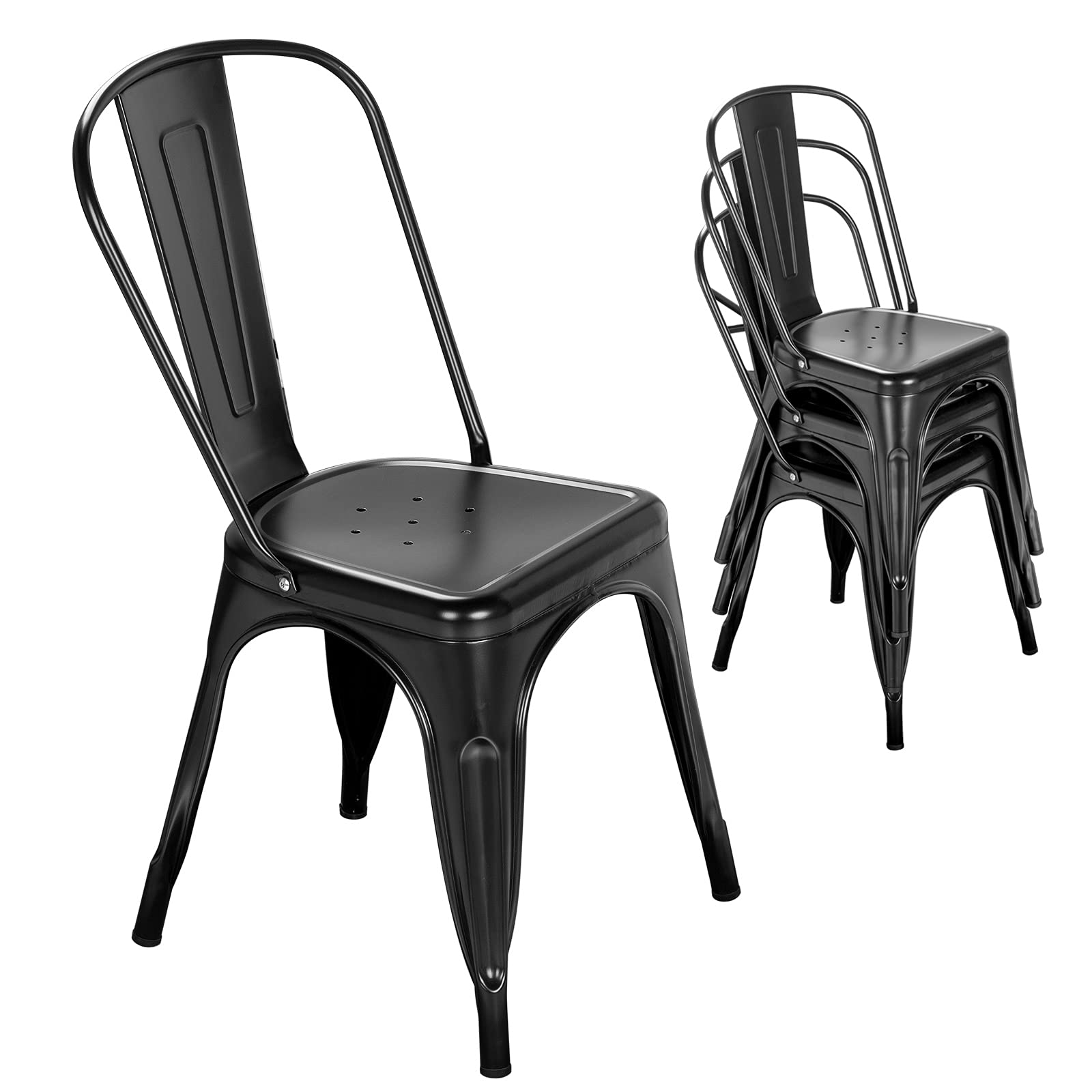 Nazhura Metal Dining Chair Set of 4 - 18 Inch Stackable Farmhouse Tolix Style Chairs for Kitchen, Dining Room, Café, Restaurant, Bistro & Patio - Waterproof Indoor/Outdoor Use - Perfect for Home, Commercial Spaces & Outdoor Entertaining (Black)