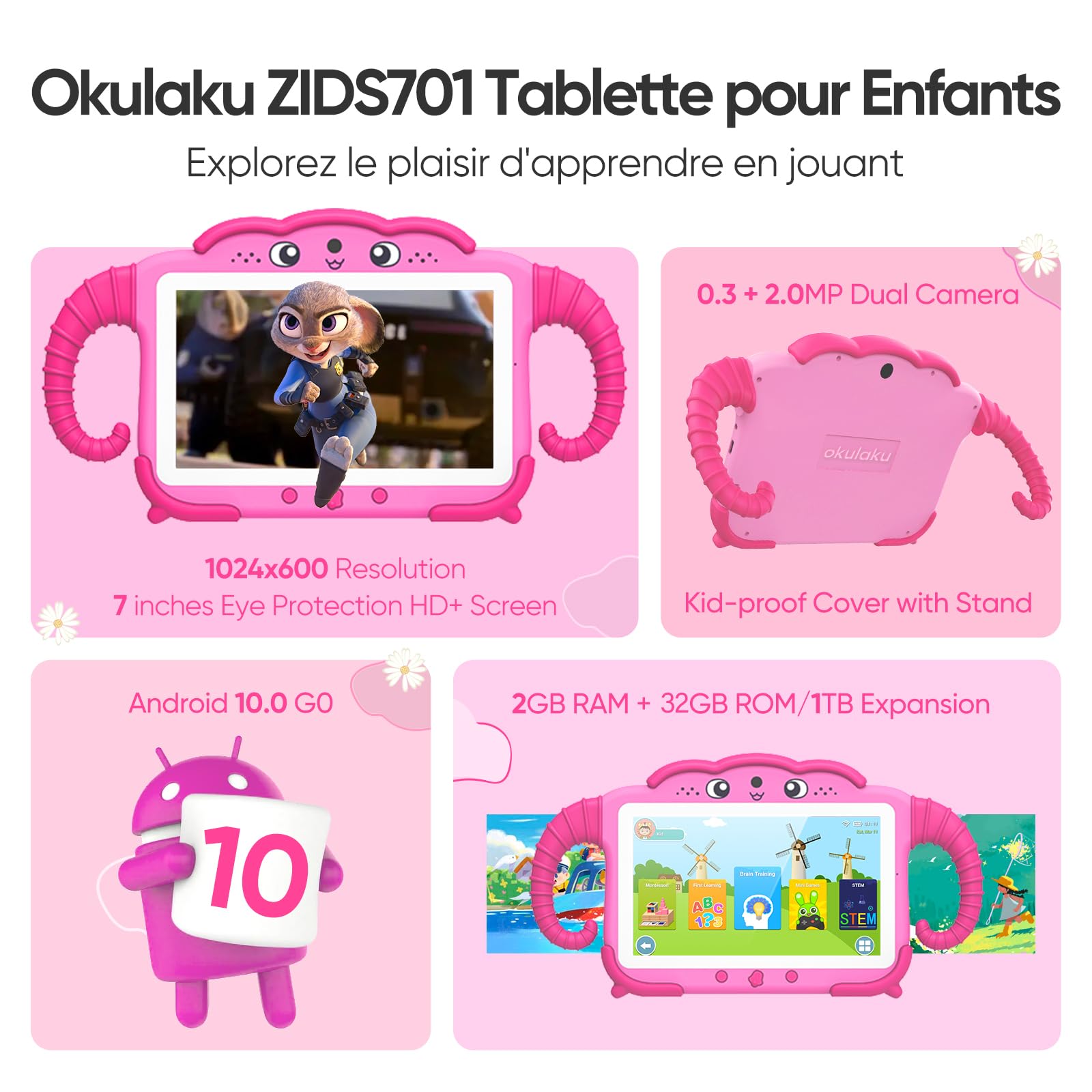 7 Inch Kids Tablet with WiFi, 64GB ROM & 2GB RAM, Android Learning Tablet with Google Play, Dual Camera & Parental Control - Pink | Educational Games, Reading & Video Calling for Children Ages 3-12