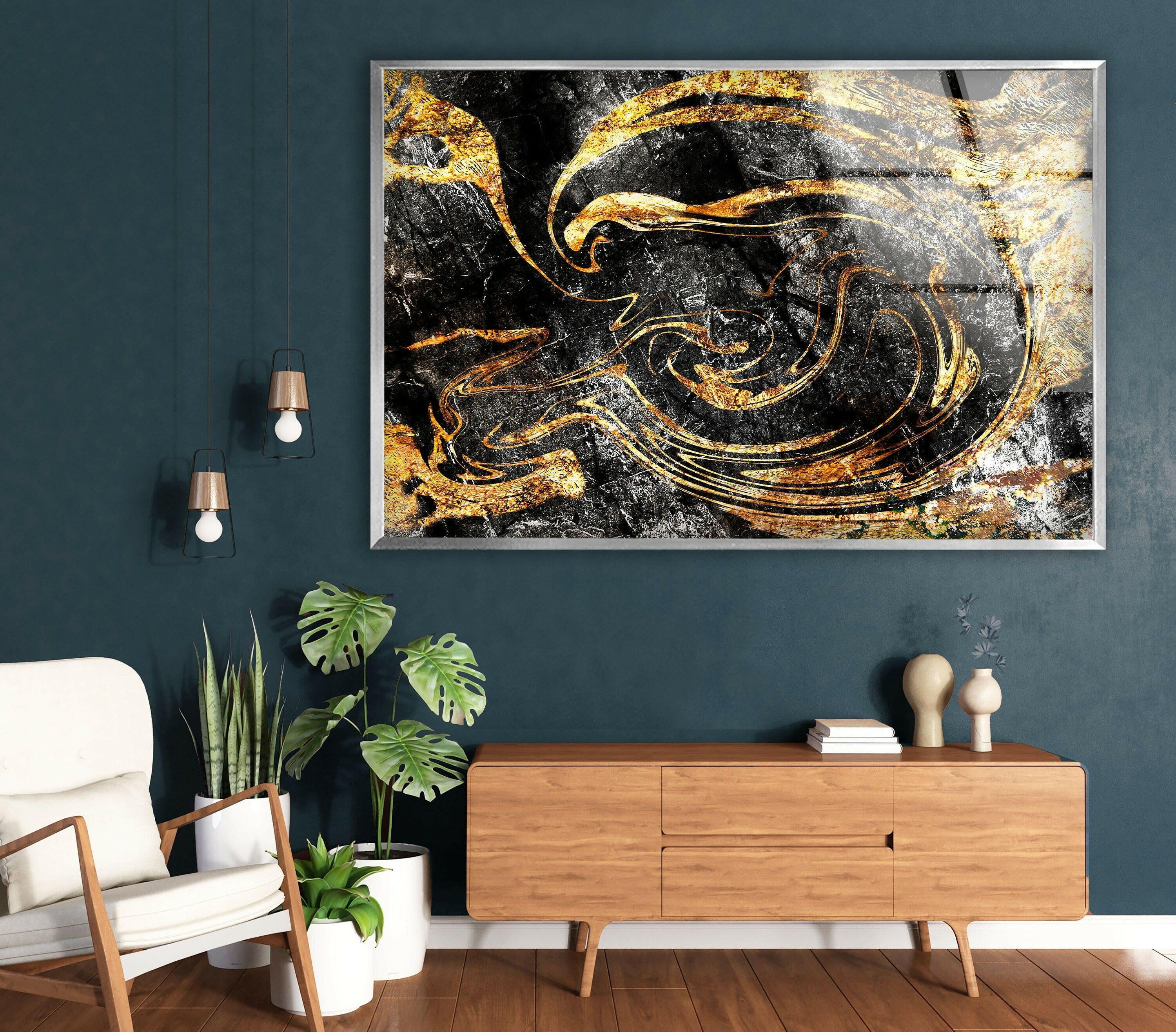 Elegant Black and Gold Marbled Glass Wall Art - Modern Home Decor for Living Room, Bedroom & Office