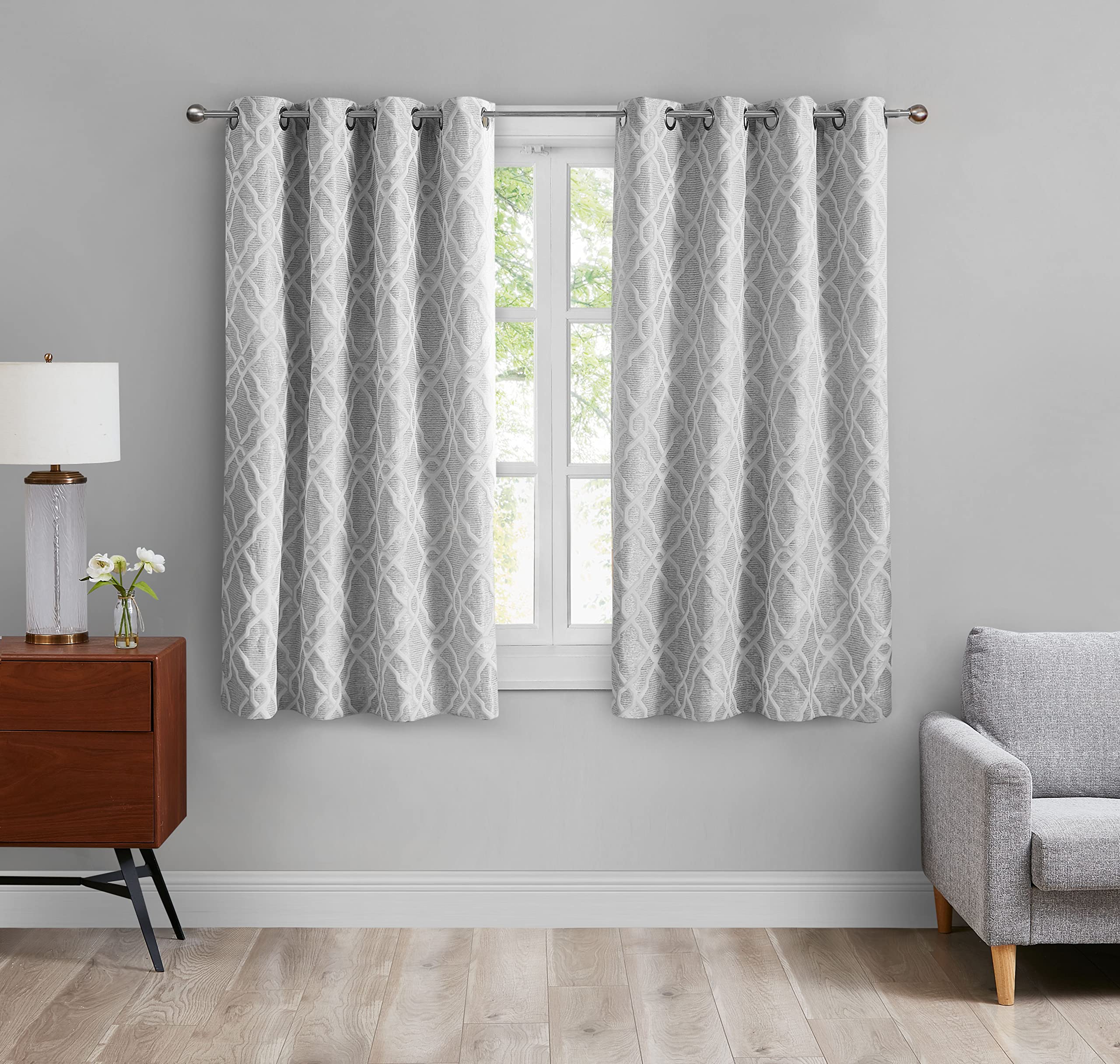 63 Inch Room Darkening Curtains - Light Grey Trellis Geometric Jacquard Grommet Drapes (2 Panels) for Living Room & Bedroom | Perfect for Home Theater, Nursery & Light Control