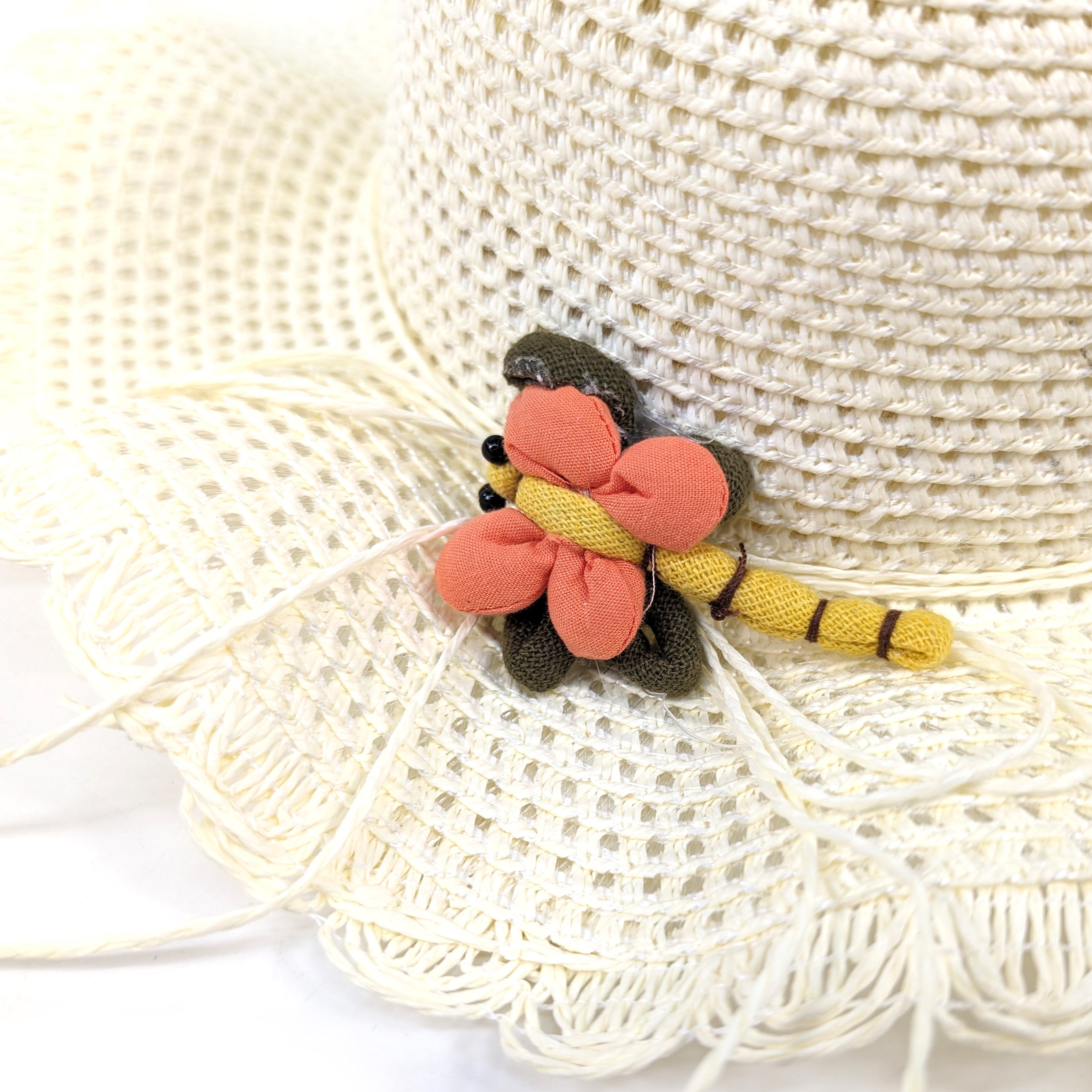 Kids' Crochet Style Foldable Sun Hat - Cream Dragonfly Design for Outdoor Play, Beach & Summer Activities