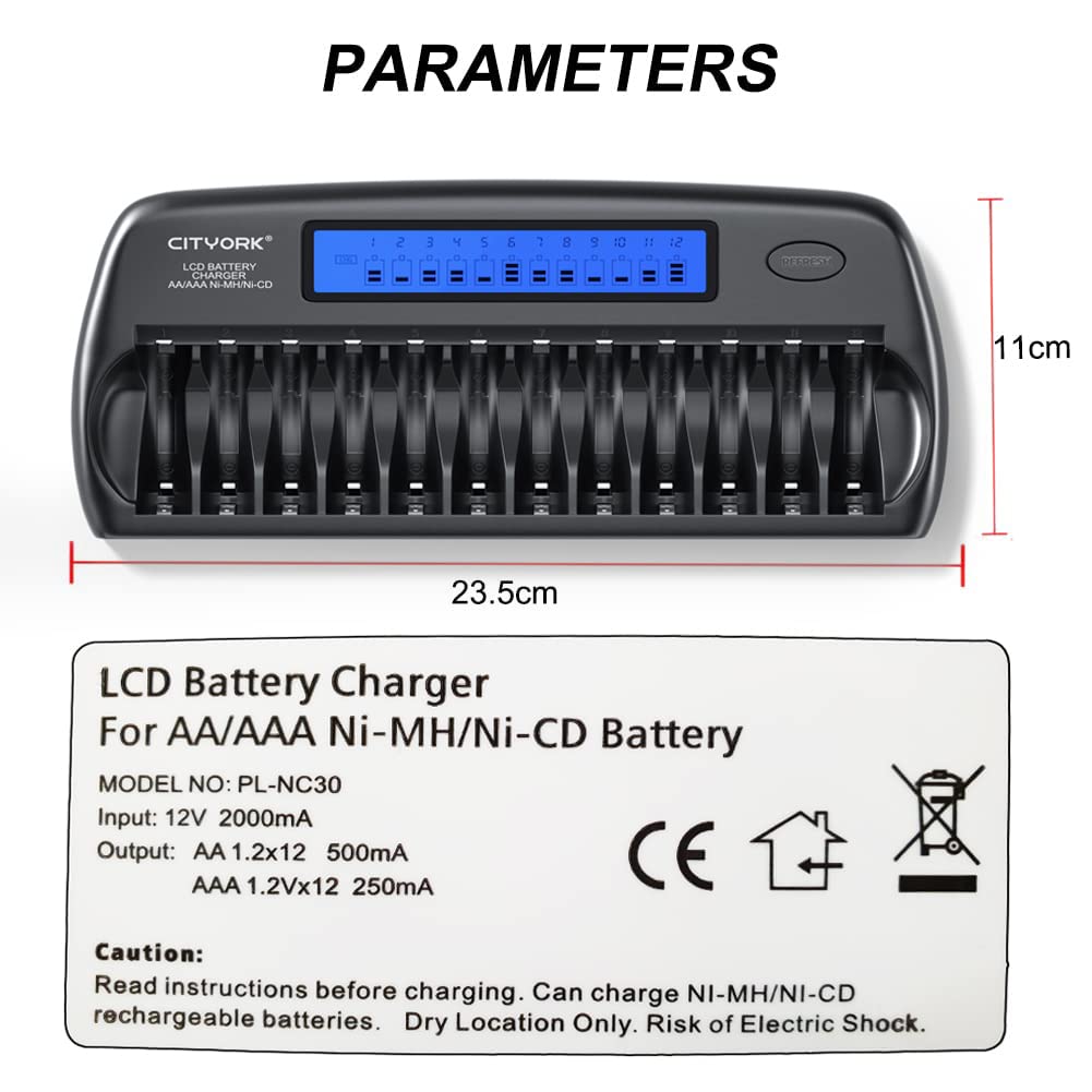 12 Bay LCD Smart Battery Charger for 1.2V AA AAA Ni-MH/Ni-CD Rechargeable Batteries with Refresh Function & AC Adapter - Fast Charging for Cameras, Toys, Flashlights and Electronics