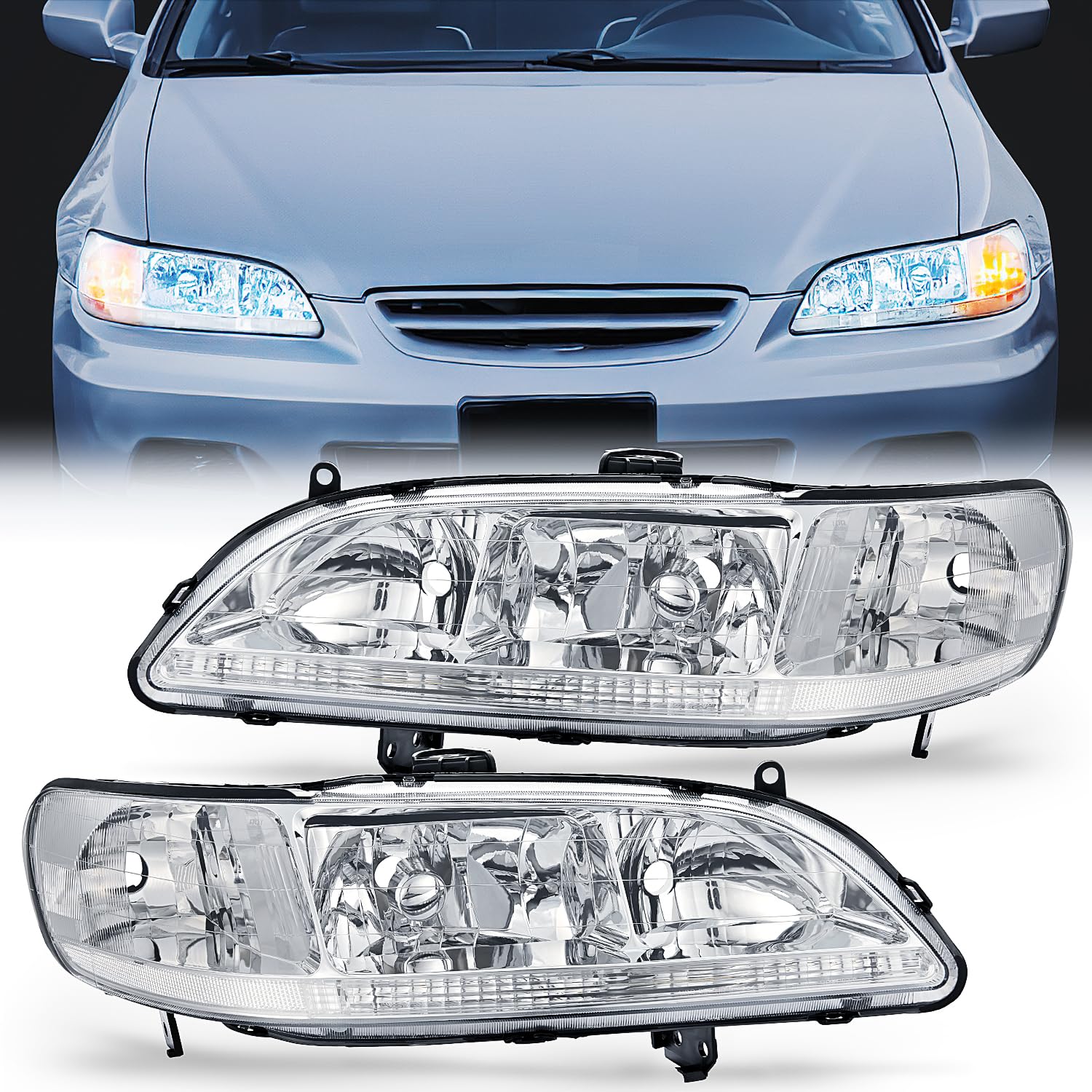 Nilight Headlight Assembly Replacement for 1998-2002 Honda Accord - Chrome Housing with Clear Reflector & Upgraded Lens (Driver & Passenger Side) - Perfect for Night Driving & Foggy Conditions