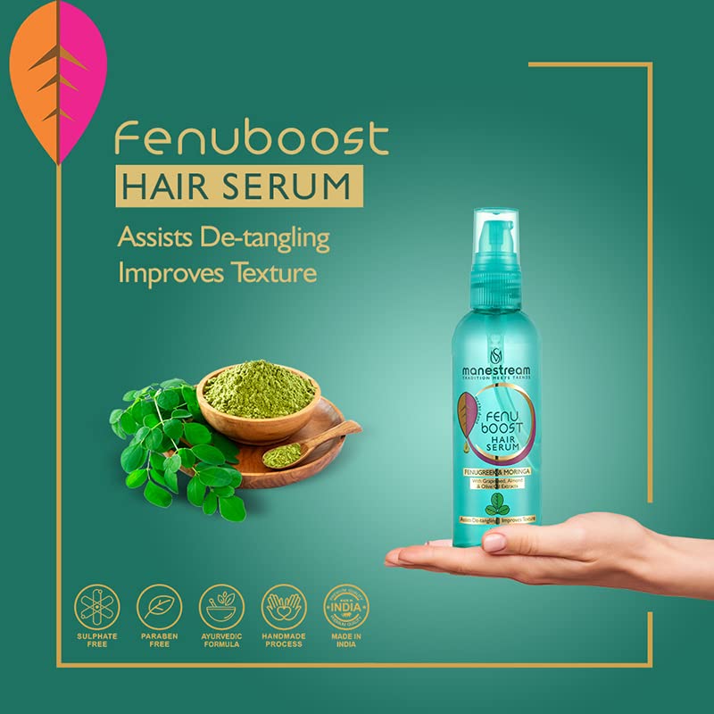 Manestream Fenuboost Ayurvedic Hair Serum for Men & Women - Fenugreek & Moringa Extract for Heat Damaged & Chemically Treated Hair Repair | Includes Free Fenucleanse Anti-Dandruff Mini Shampoo 30ml (Pack of 2) | Perfect for Daily Hair Care & Scalp Nourishment