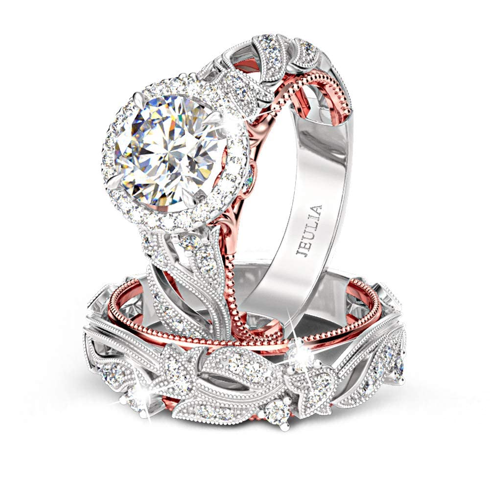 Jeulia 4 Carat Openwork Wedding Ring Set for Women - 925 Sterling Silver & Rose Gold Round Cut Halo Engagement Ring with White Diamond Band & CZ Solitaire - Perfect for Anniversary, Promise, and Bridal Jewelry Gifts