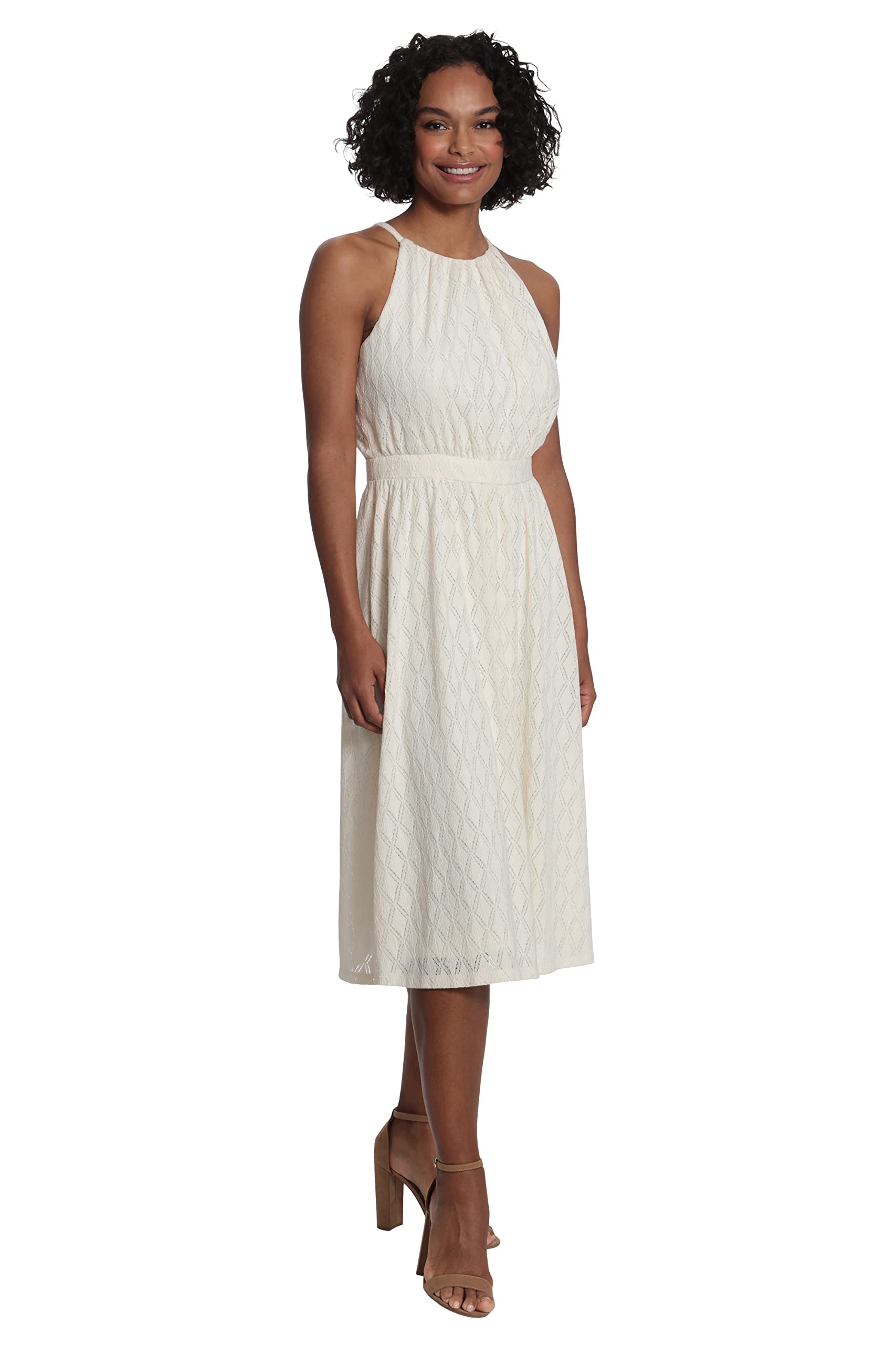 London Times Women's Knee-Length Halter Dress with Lace for Party & Wedding