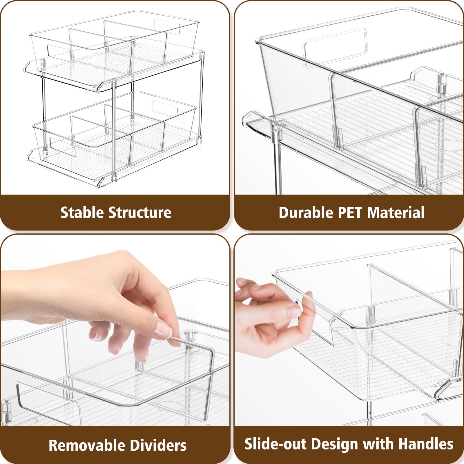 2-Tier Clear Pull-Out Bathroom Organizer with Dividers - Multipurpose Vanity Counter Tray for Kitchen, Closet & Cabinet Storage - Space Saving Pantry & Bathroom Organization Solution for Home, Office & Dorm