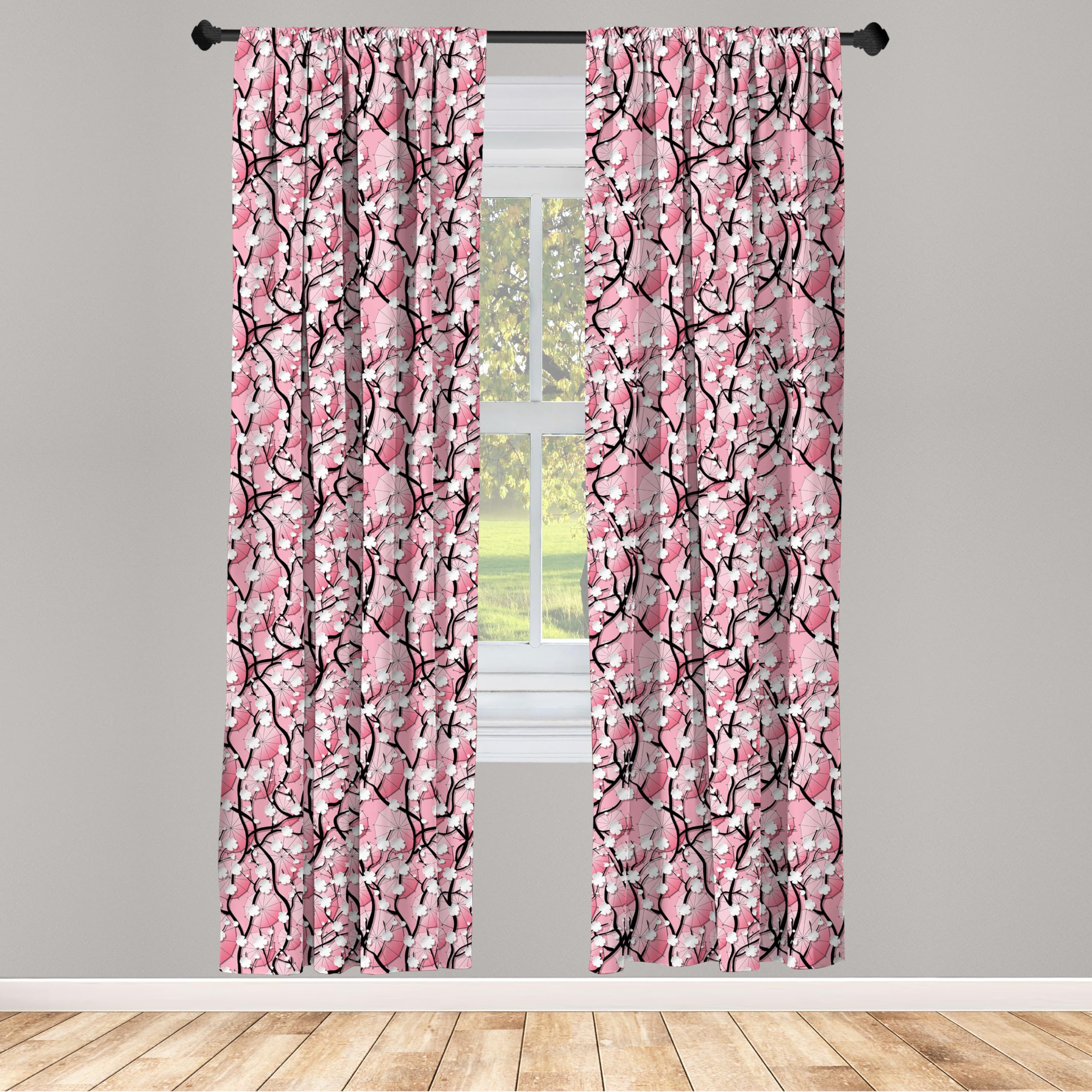 Ambesonne Japanese Cherry Blossom Window Curtains - Sakura Tree Flowers with Umbrellas & Curved Branches Romantic Art Print, Lightweight Black Pink Home Decor (2 Panels, 28x84 Inches, Rod Pocket) - Perfect for Living Room, Bedroom & Asian-Themed Interior Design