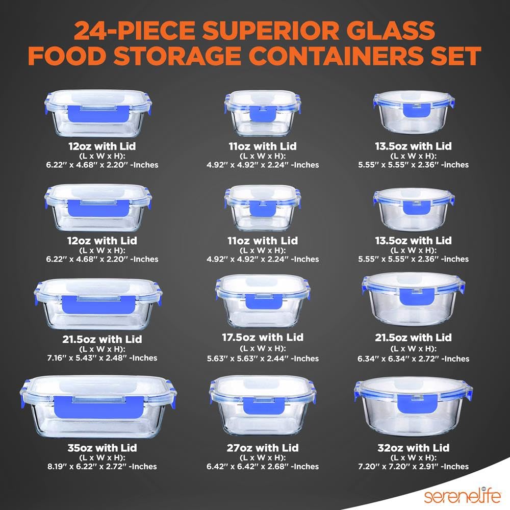 SereneLife 24-Piece Glass Food Storage Containers Set with Airtight Lids - 12 Pack Meal Prep Containers for Lunch, Kitchen & Pantry Organization - Leakproof, Freezer & Dishwasher Safe - Blue - Perfect for Meal Prepping, Leftovers & Office Lunches