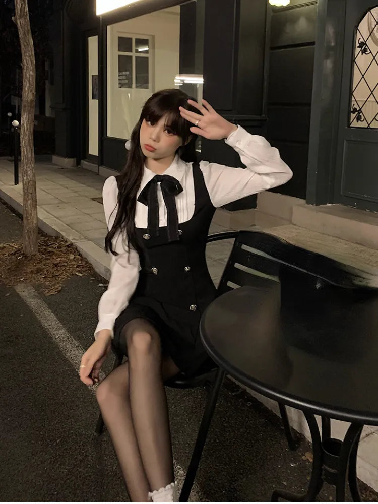 Women's Autumn Fake Two Piece Dress - Slim Fit Long Sleeve Bow Y2K Mini Dress | Korean Fashion Elegant Short Party Outfit for Casual Wear, Date Night & Club Events