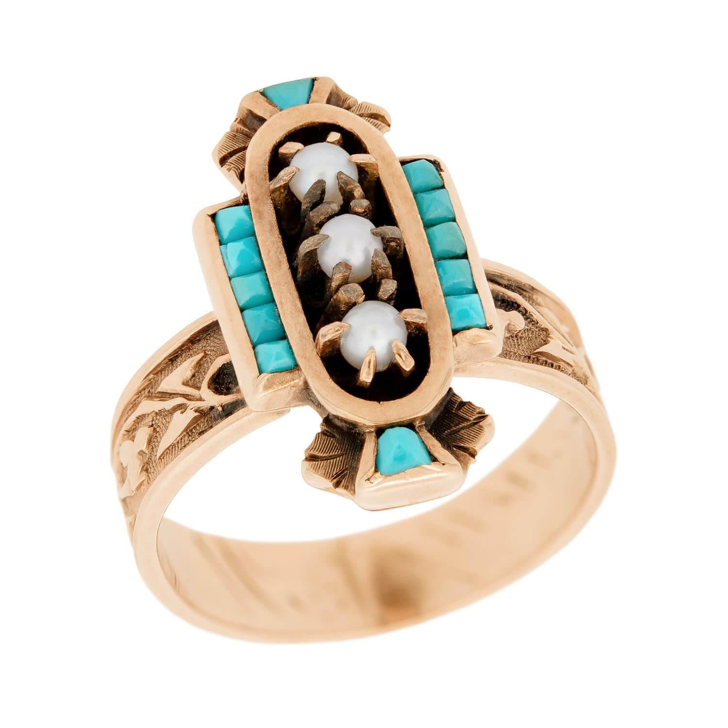 14K Victorian Style Turquoise and Pearl Navette Ring - Elegant Antique Jewelry for Women, Perfect for Weddings, Parties & Special Occasions