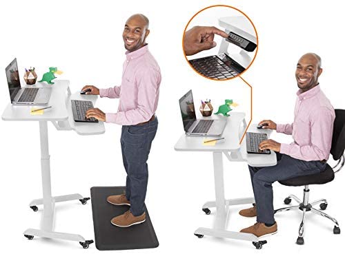 Stand Steady Cruizer Premier Electric Mobile Podium Desk with Keyboard Tray - Adjustable Height Sit Stand Desk with Wheels & Programmable Control Pad - Portable Lectern for Office, Classroom, Conference & Home Use (White)