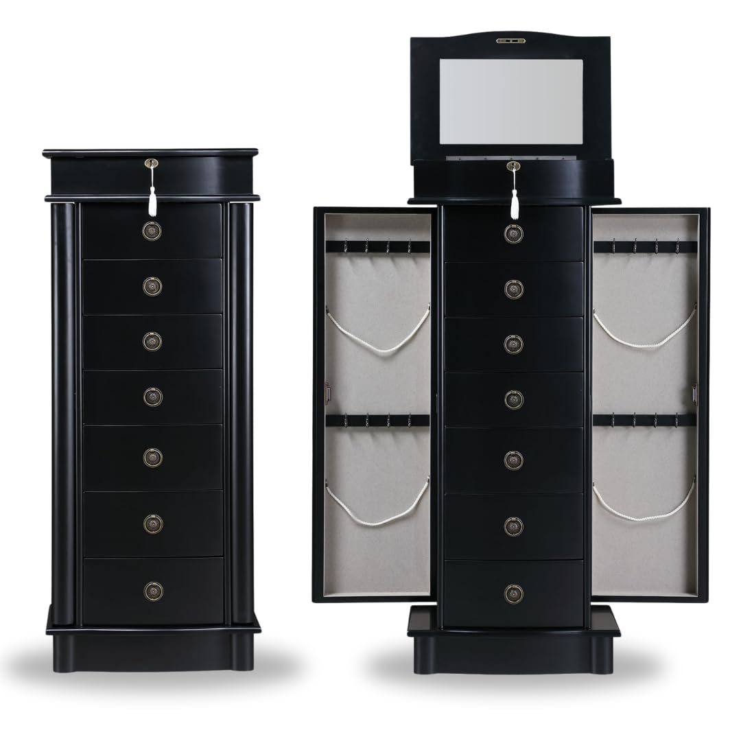 Noelle Locking Jewelry Armoire with Mirror & 7 Drawers - Necklace, Earring Organizer for Bedroom