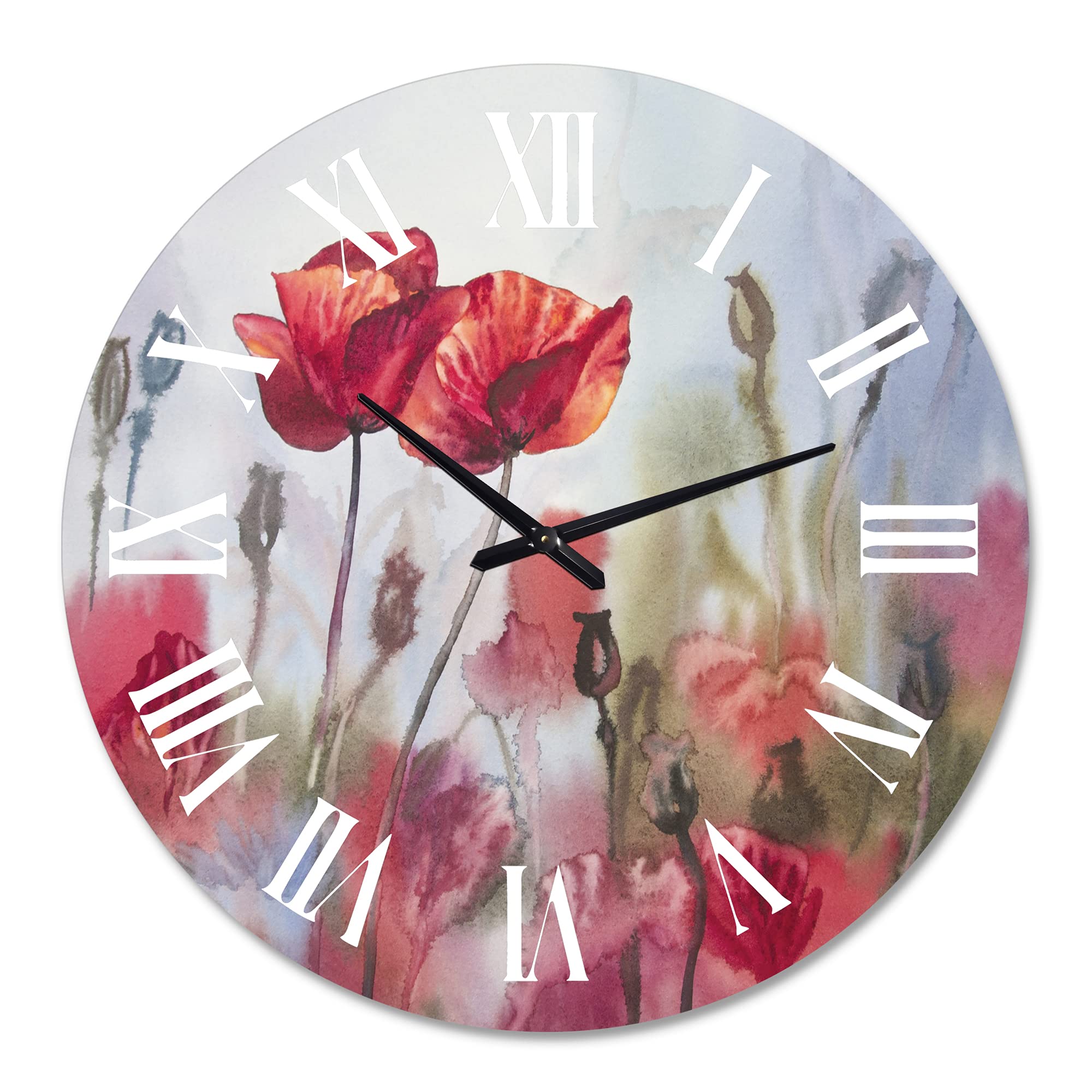 Blossoming Poppies in The Meadow Wall Clock - Large Floral Botanical Wall Decor for Living Room, Bedroom & Office - Silent Non-Ticking Home Decor Gift