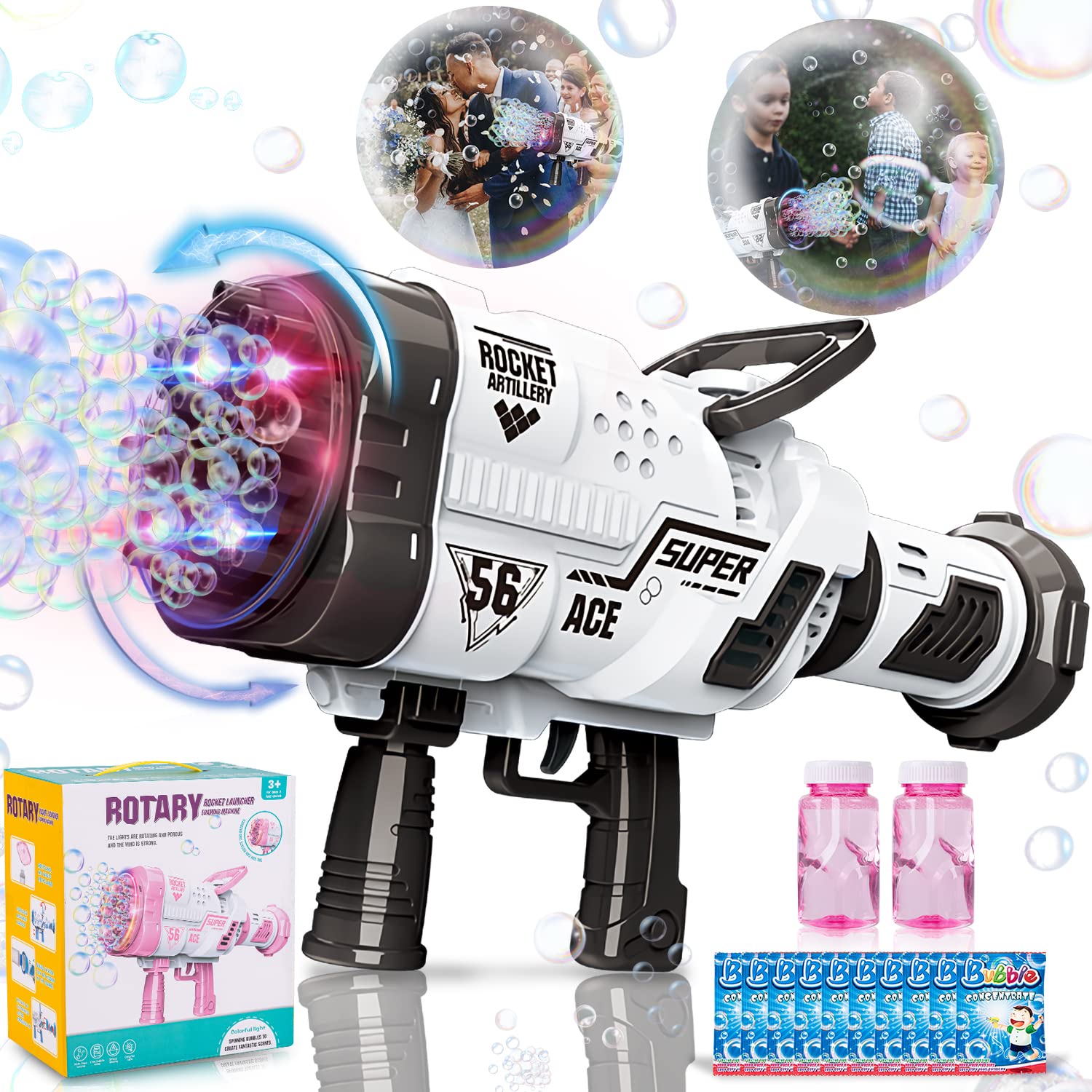 56-Hole Rotating Rocket Bubble Blaster Gun with Colorful LED Lights - Giant Foam Maker Toy for Kids & Adults - Perfect for Outdoor Birthday Parties, Weddings, Summer Fun, TikTok Videos & Backyard Play (Black)