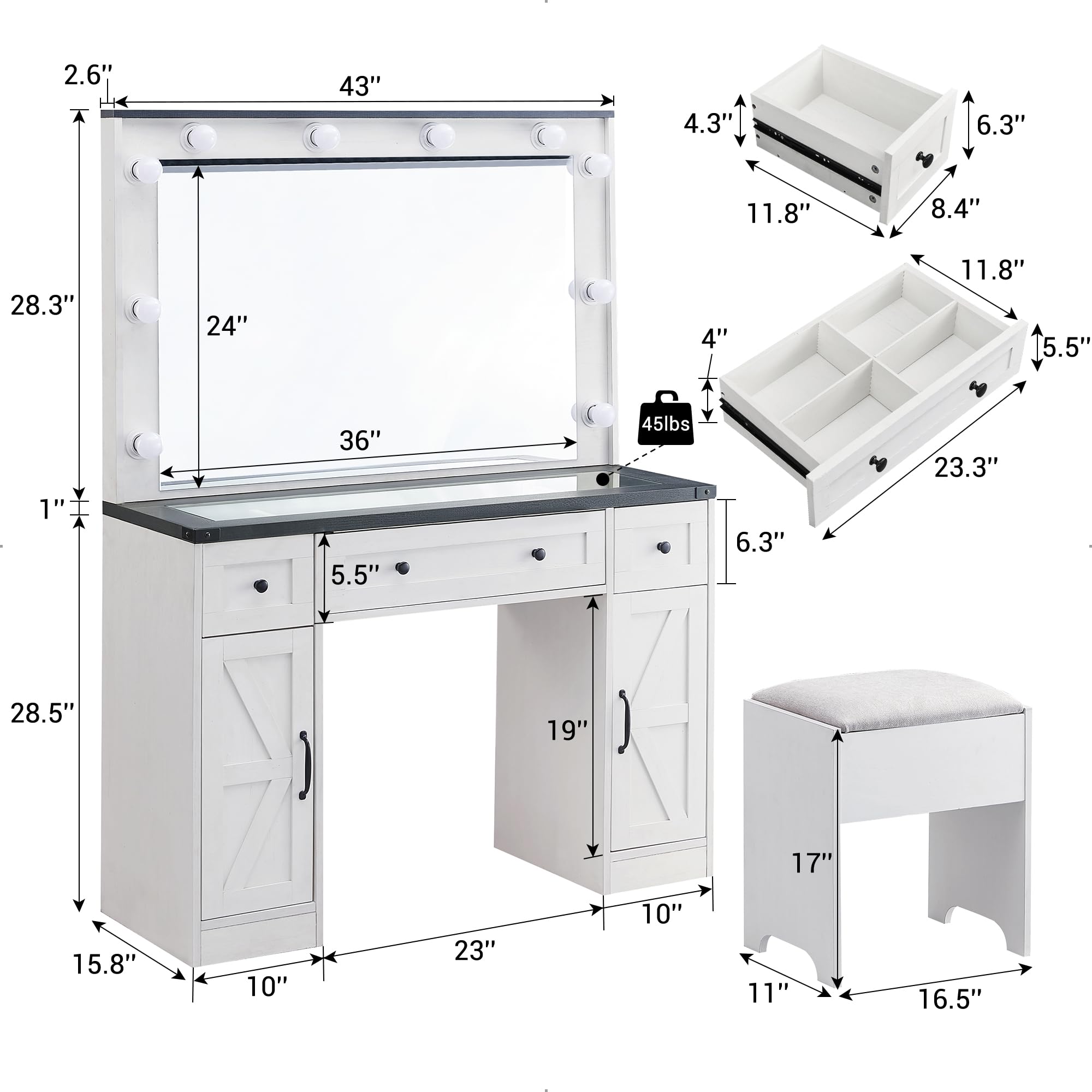 Farmhouse Vanity Desk with Hollywood Makeup Mirror - White Bedroom Vanity Set with 3 Drawers & 2 Cabinets, Detachable Light Bulbs & Stool Included - Perfect for Makeup, Dressing Room, and Bedroom Decor