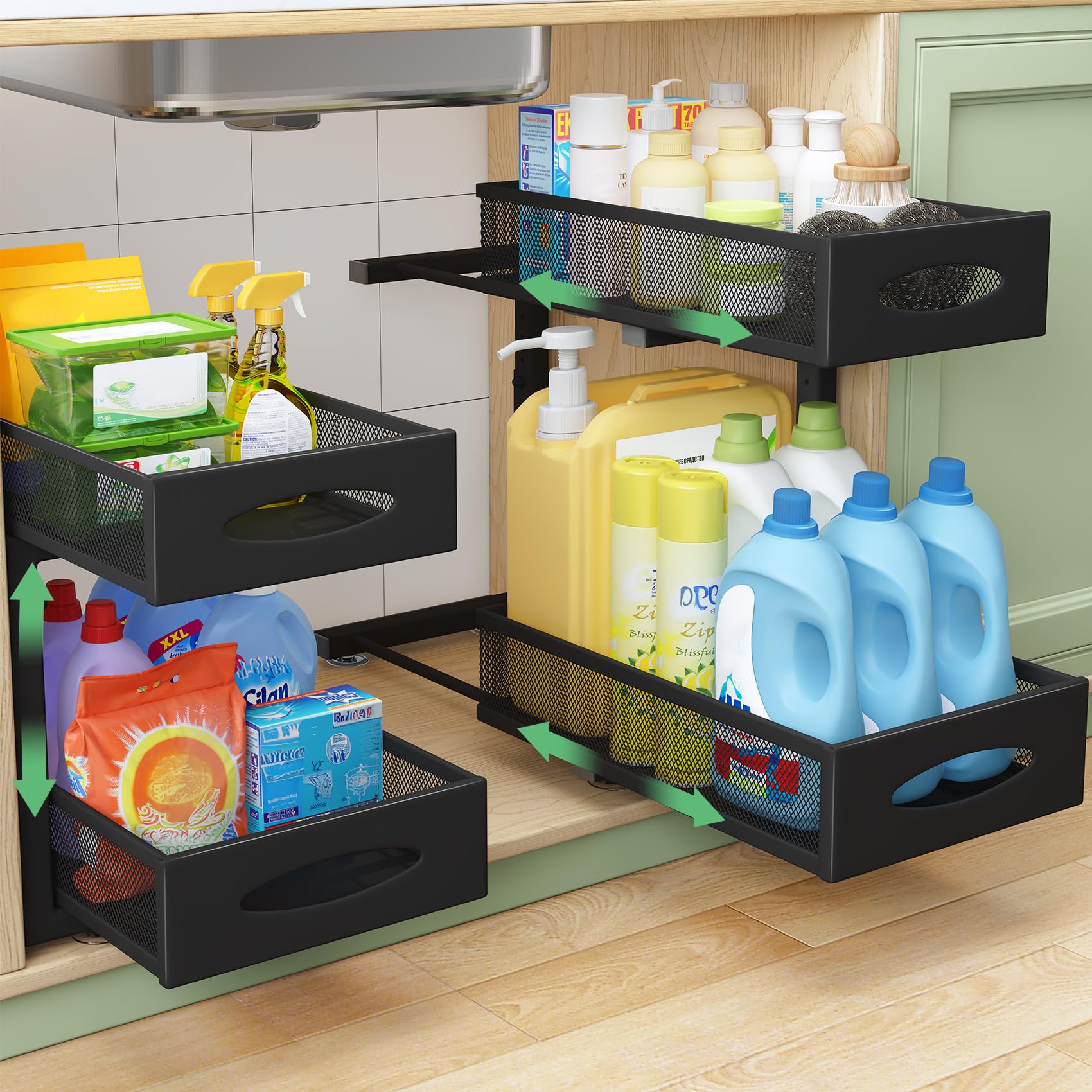 2-Tier Under Sink Organizer Set of 2 - Pull Out Mesh Cabinet Baskets with Sliding Drawers for Kitchen, Bathroom & Pantry Storage | Space Saving Sink Shelf Organizer for Home & Office Use (Black)