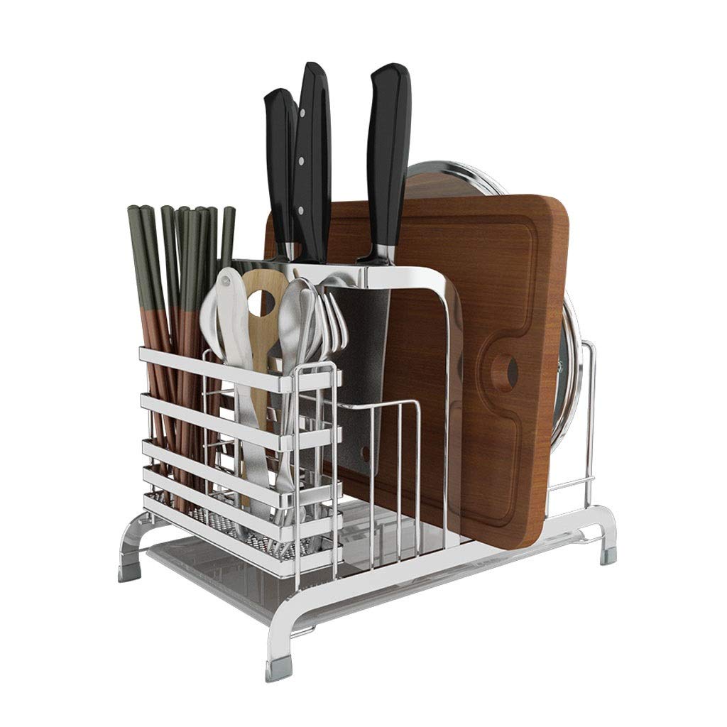 Stainless Steel Knife Holder & Cutting Board Rack - Kitchen Countertop Organizer with Chopsticks Cage & Lid Storage - Perfect for Home, Restaurant & Kitchen Organization