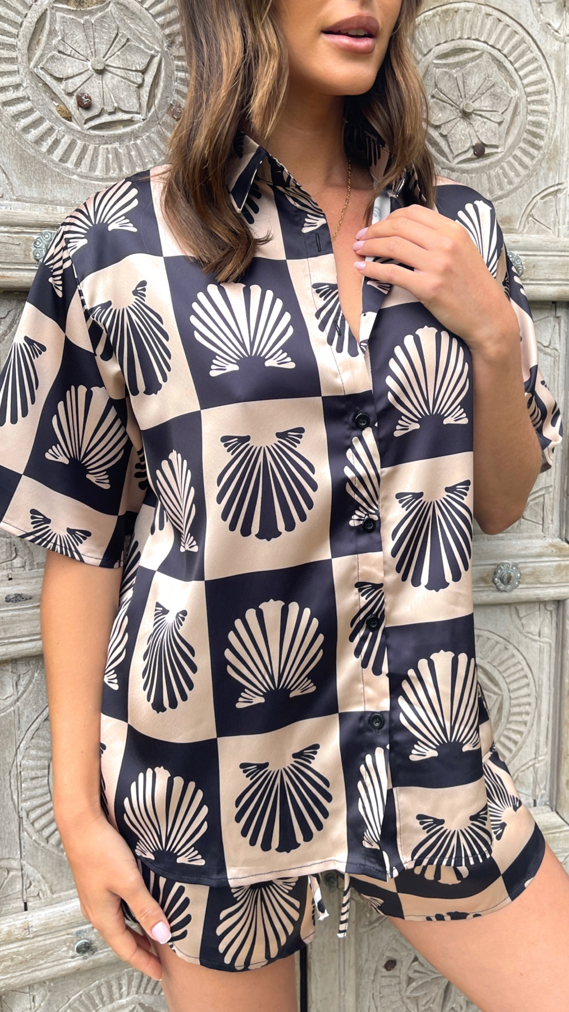 Camillie Women's Casual Shirt and Shorts Set - Black/Beige 2-Piece Outfit for Summer, Beach, Vacation & Lounge Wear