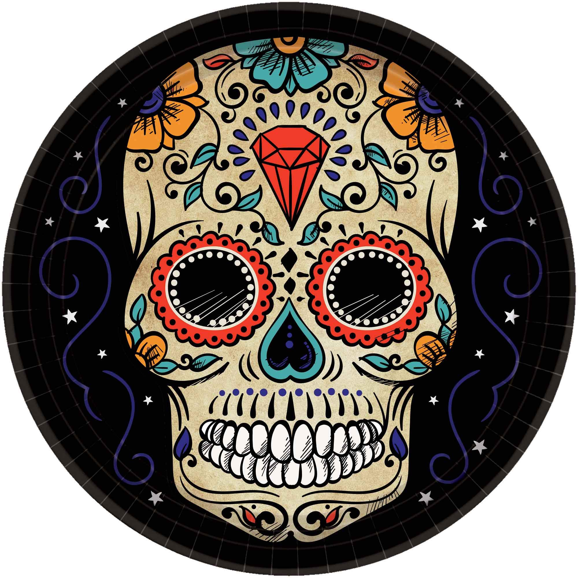 Vibrant Sugar Skull Round Paper Plates - 10.5 Inch Dia, 18 Count Colorful Party Plates for Dia de Los Muertos, Halloween & Mexican Themed Celebrations